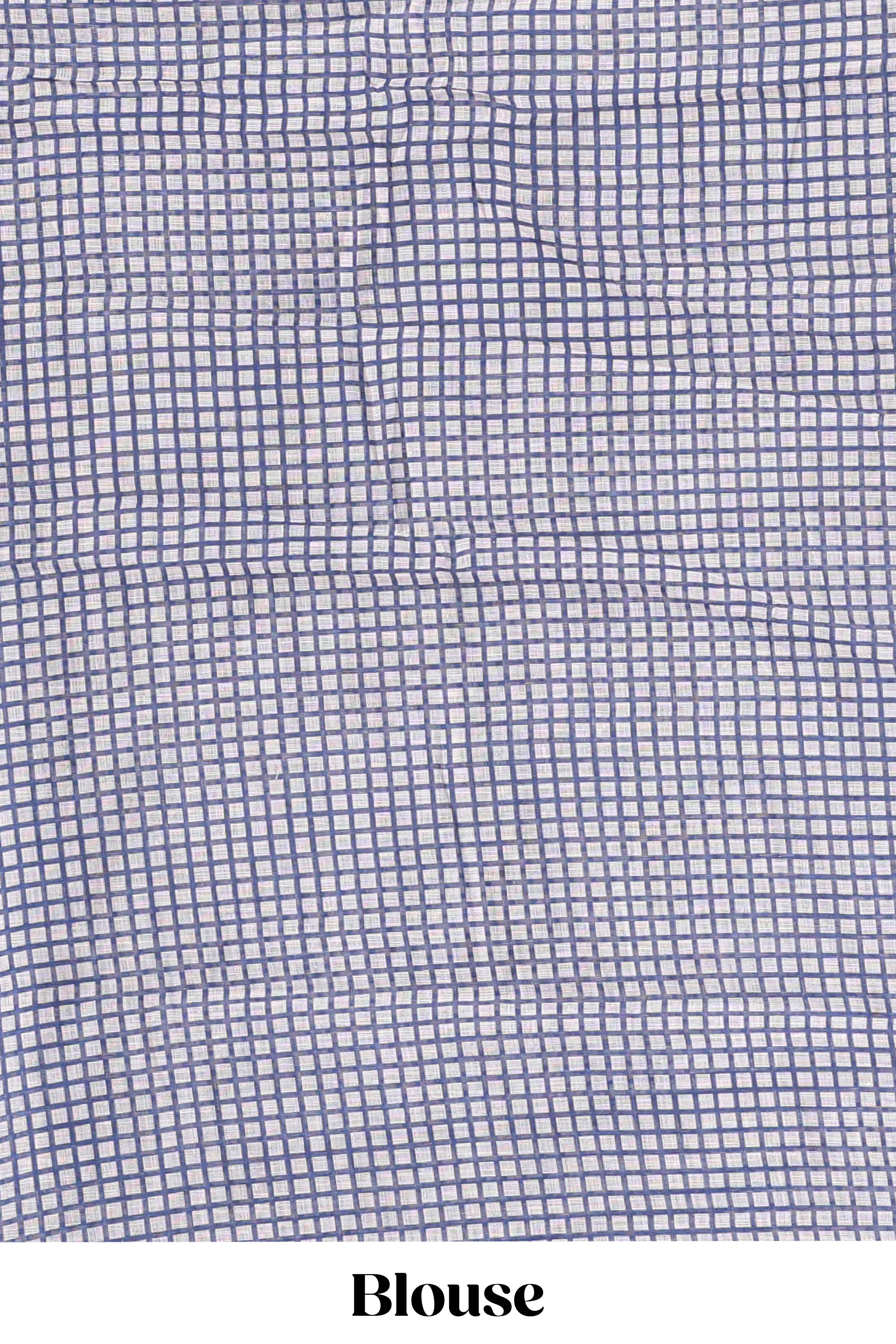 Blue mirror work embroidery checked design linen cotton saree with self zari border and matching checked blouse
