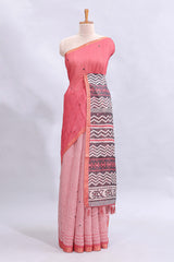 Pink mirror work embroidery checked design linen cotton saree with self zari border and matching checked blouse