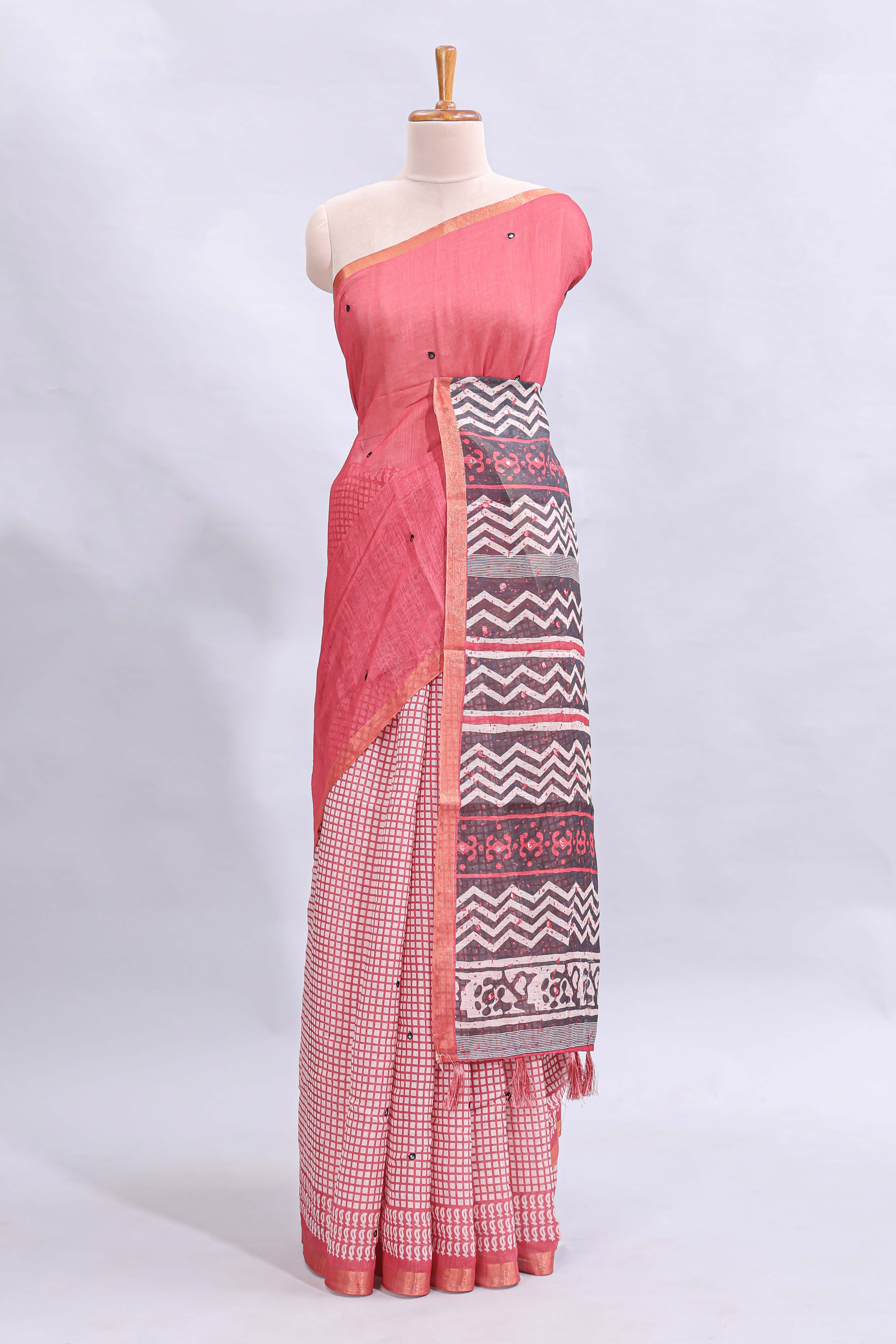 Pink mirror work embroidery checked design linen cotton saree with self zari border and matching checked blouse