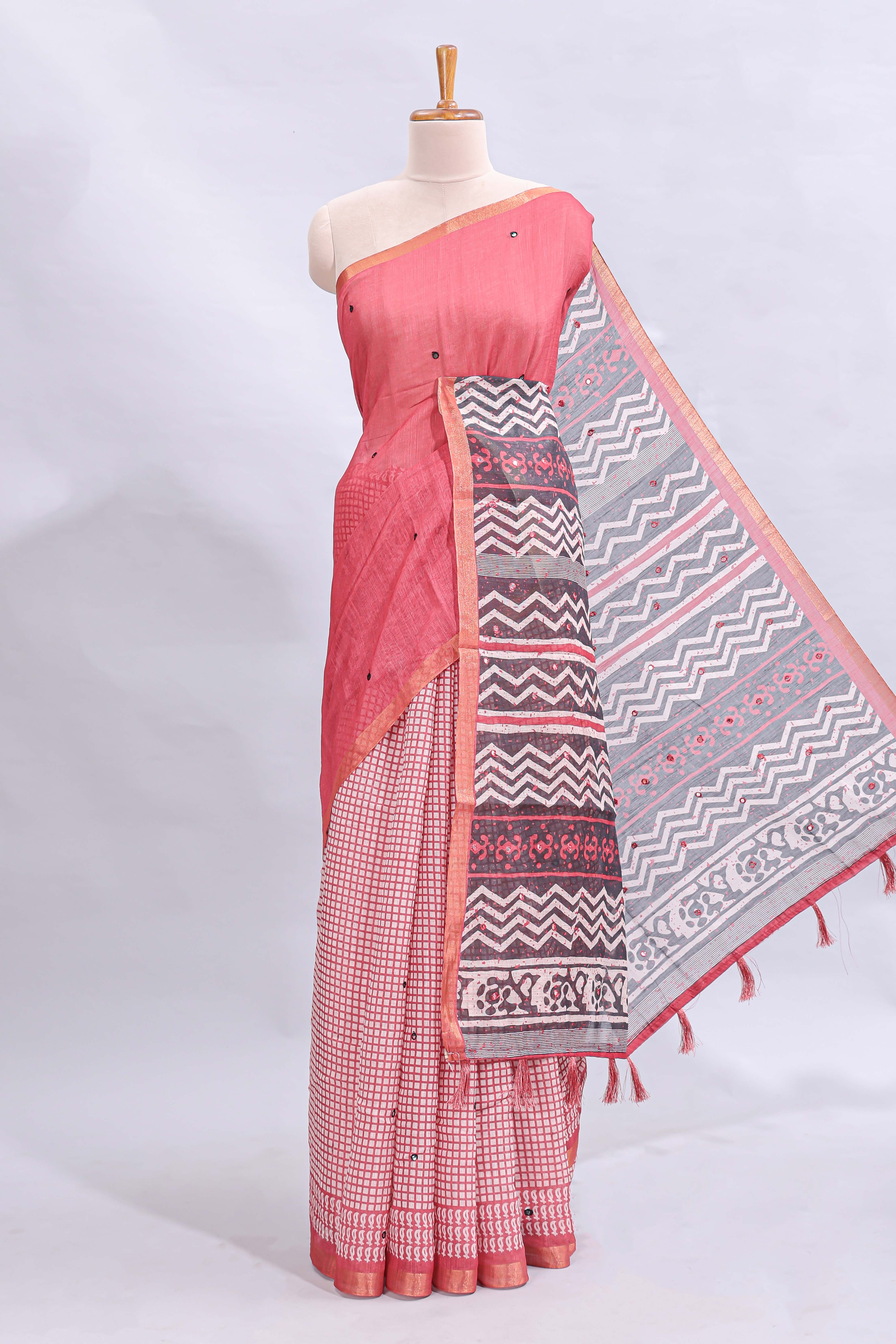 Pink mirror work embroidery checked design linen cotton saree with self zari border and matching checked blouse