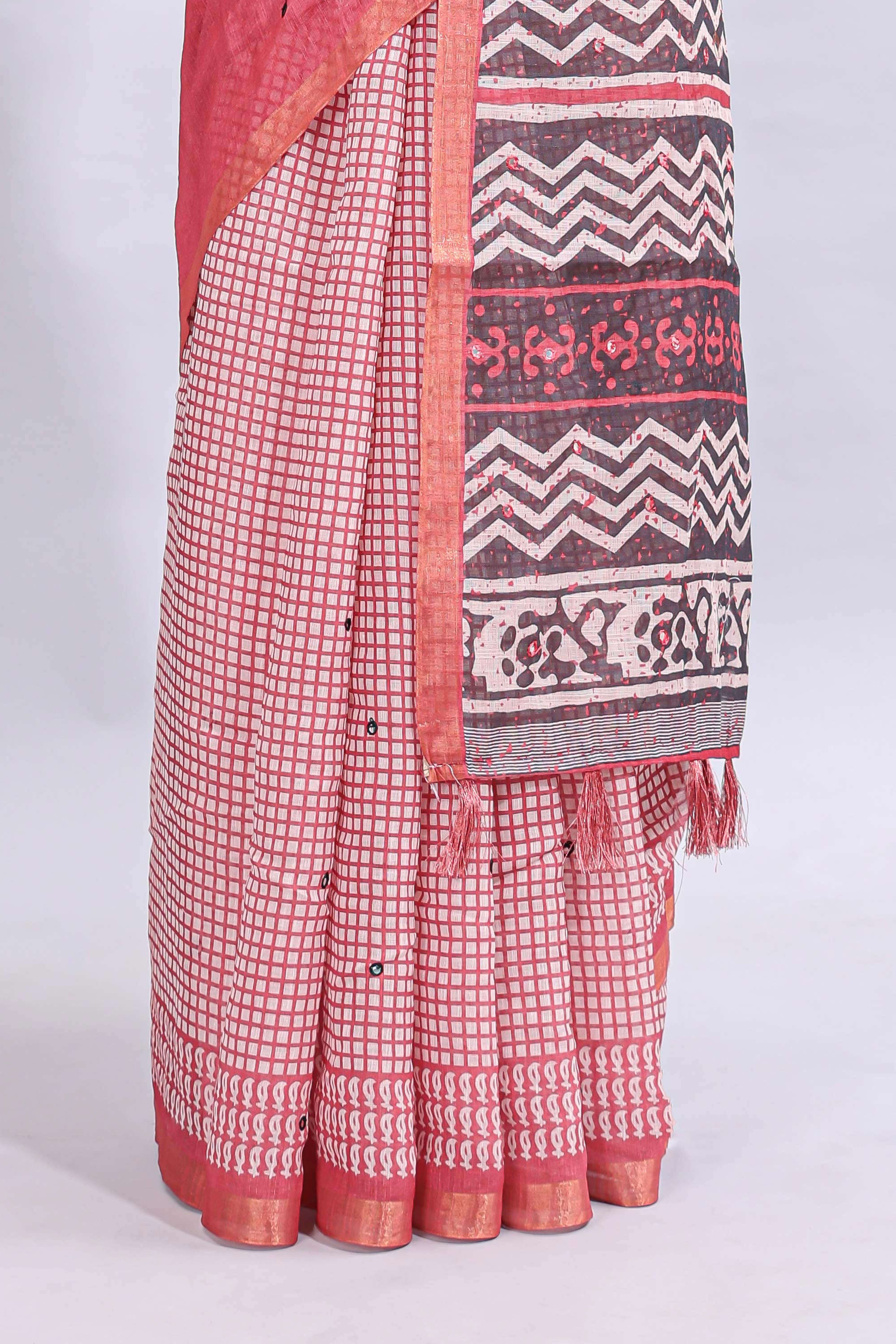 Pink mirror work embroidery checked design linen cotton saree with self zari border and matching checked blouse
