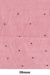 Pink mirror work embroidery checked design linen cotton saree with self zari border and matching checked blouse