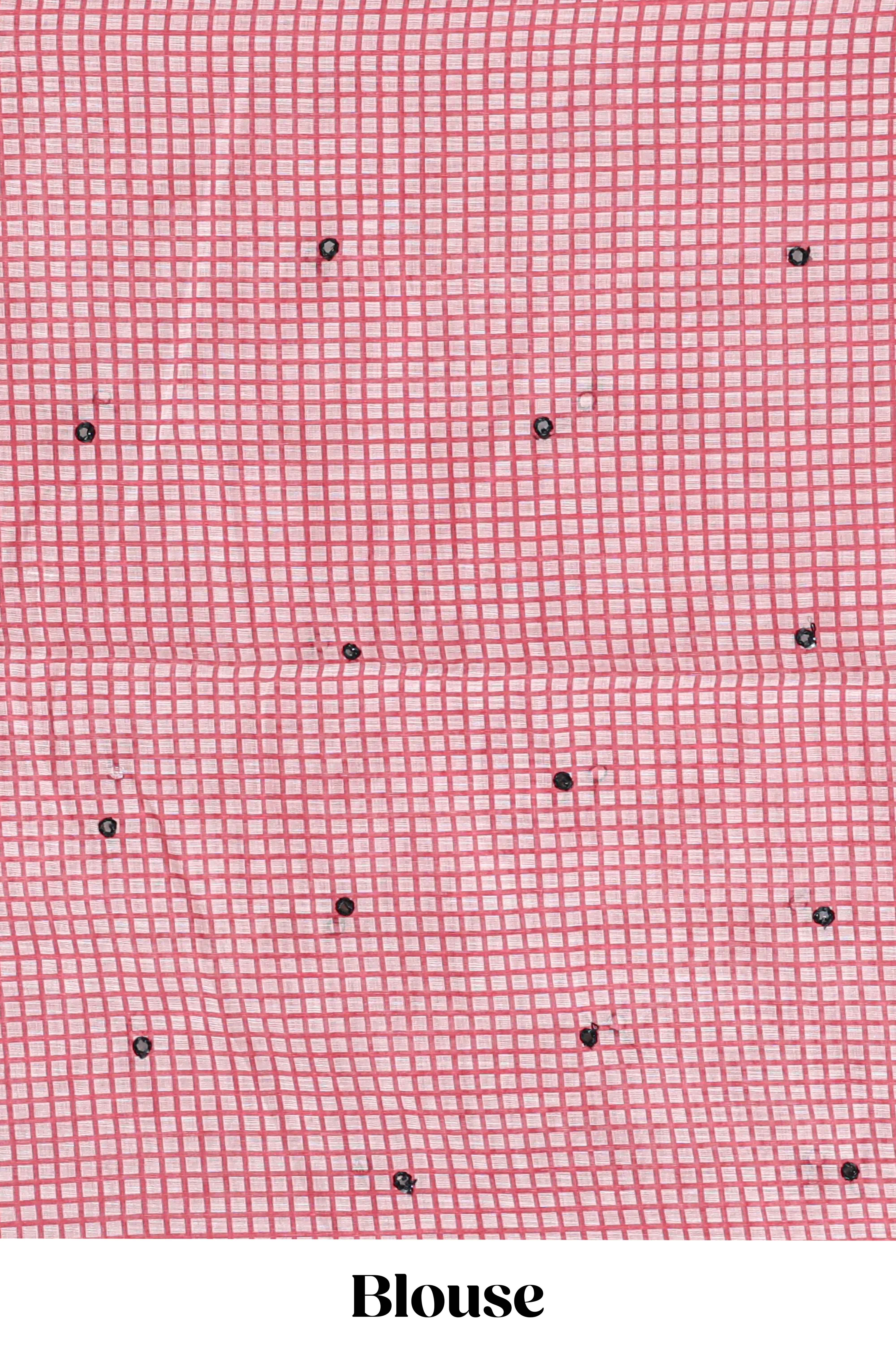 Pink mirror work embroidery checked design linen cotton saree with self zari border and matching checked blouse