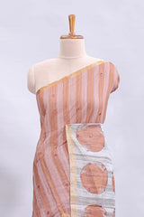 Peach striped mirror embroidery work linen cotton saree with self zari border and contrast printed pallu