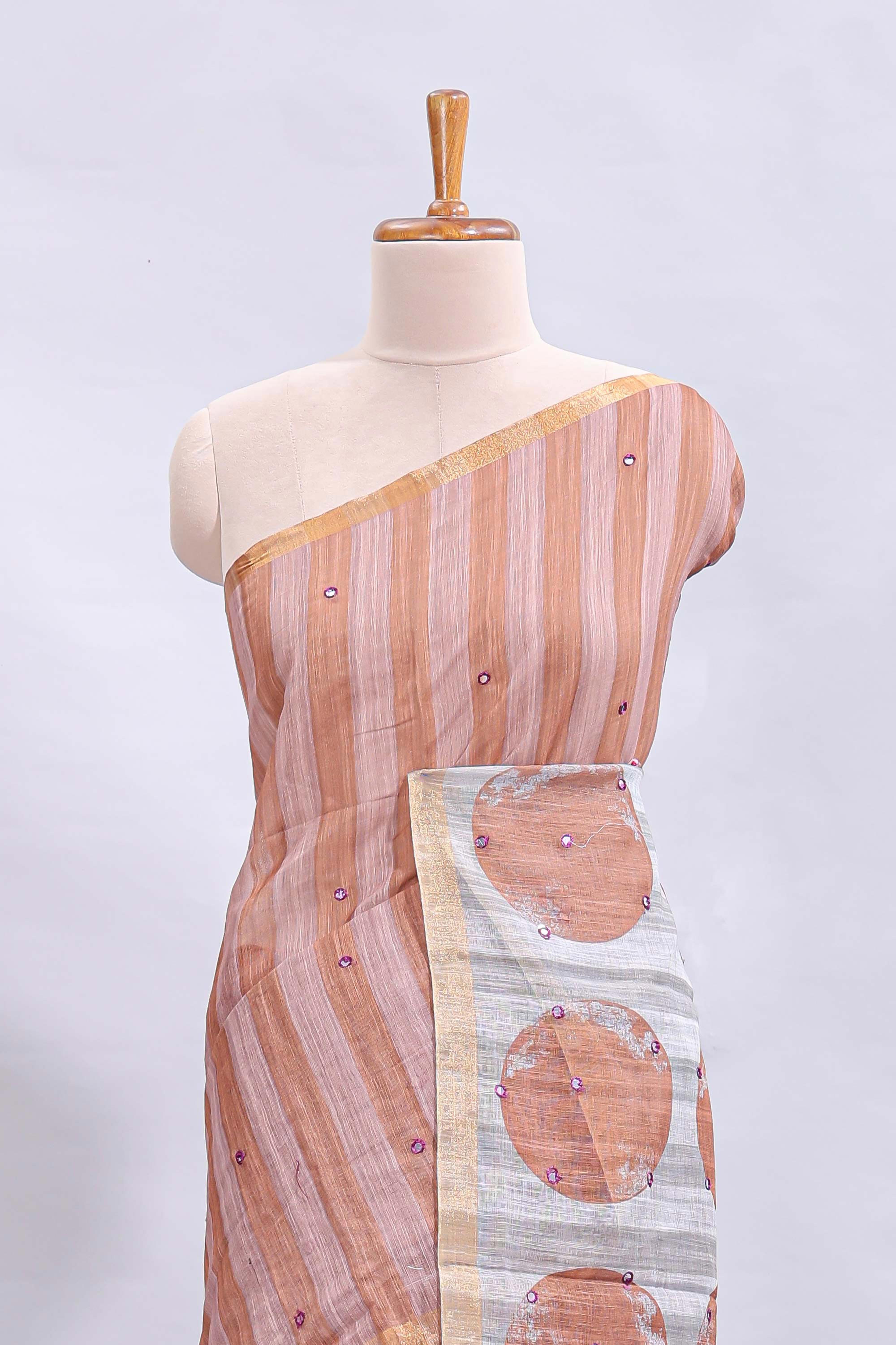Peach striped mirror embroidery work linen cotton saree with self zari border and contrast printed pallu