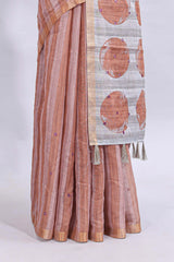 Peach striped mirror embroidery work linen cotton saree with self zari border and contrast printed pallu