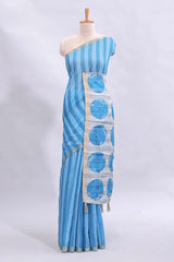 Blue striped mirror embroidery work linen cotton saree with self zari border and contrast printed pallu