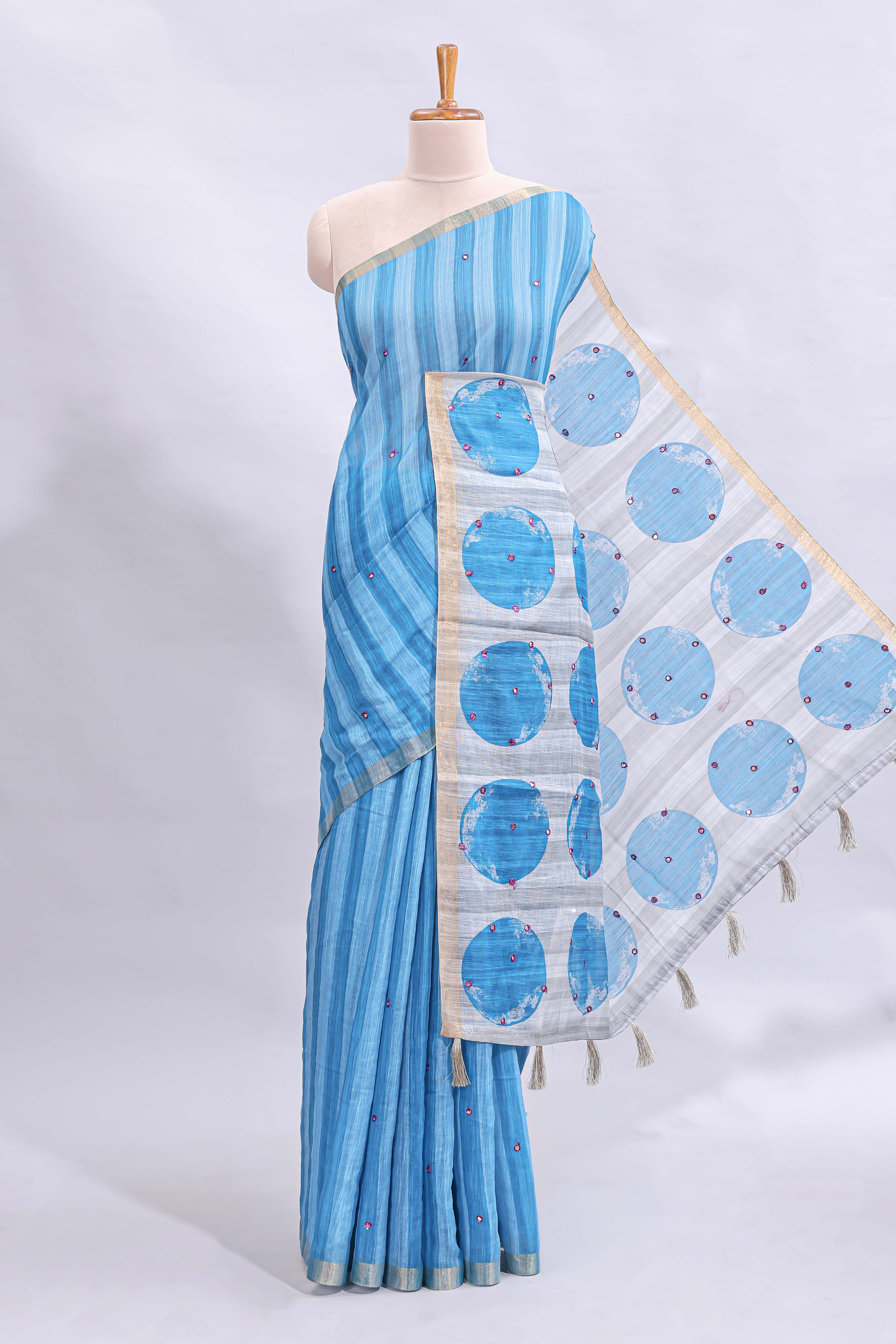 Blue striped mirror embroidery work linen cotton saree with self zari border and contrast printed pallu