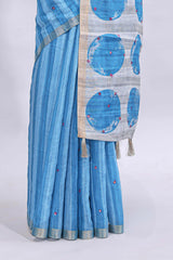 Blue striped mirror embroidery work linen cotton saree with self zari border and contrast printed pallu