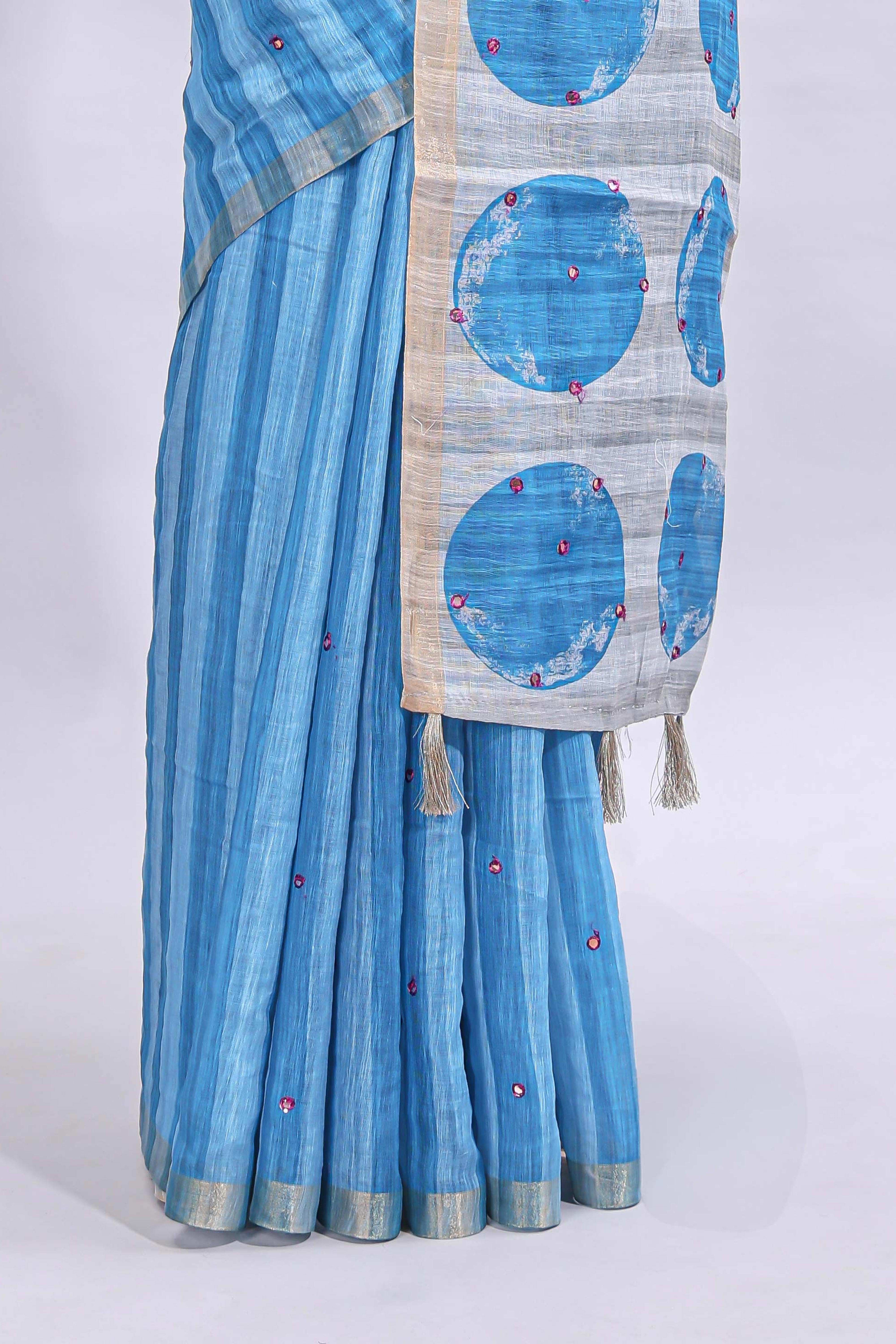 Blue striped mirror embroidery work linen cotton saree with self zari border and contrast printed pallu