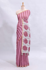 Dusty rose striped mirror embroidery work linen cotton saree with self zari border and contrast printed pallu