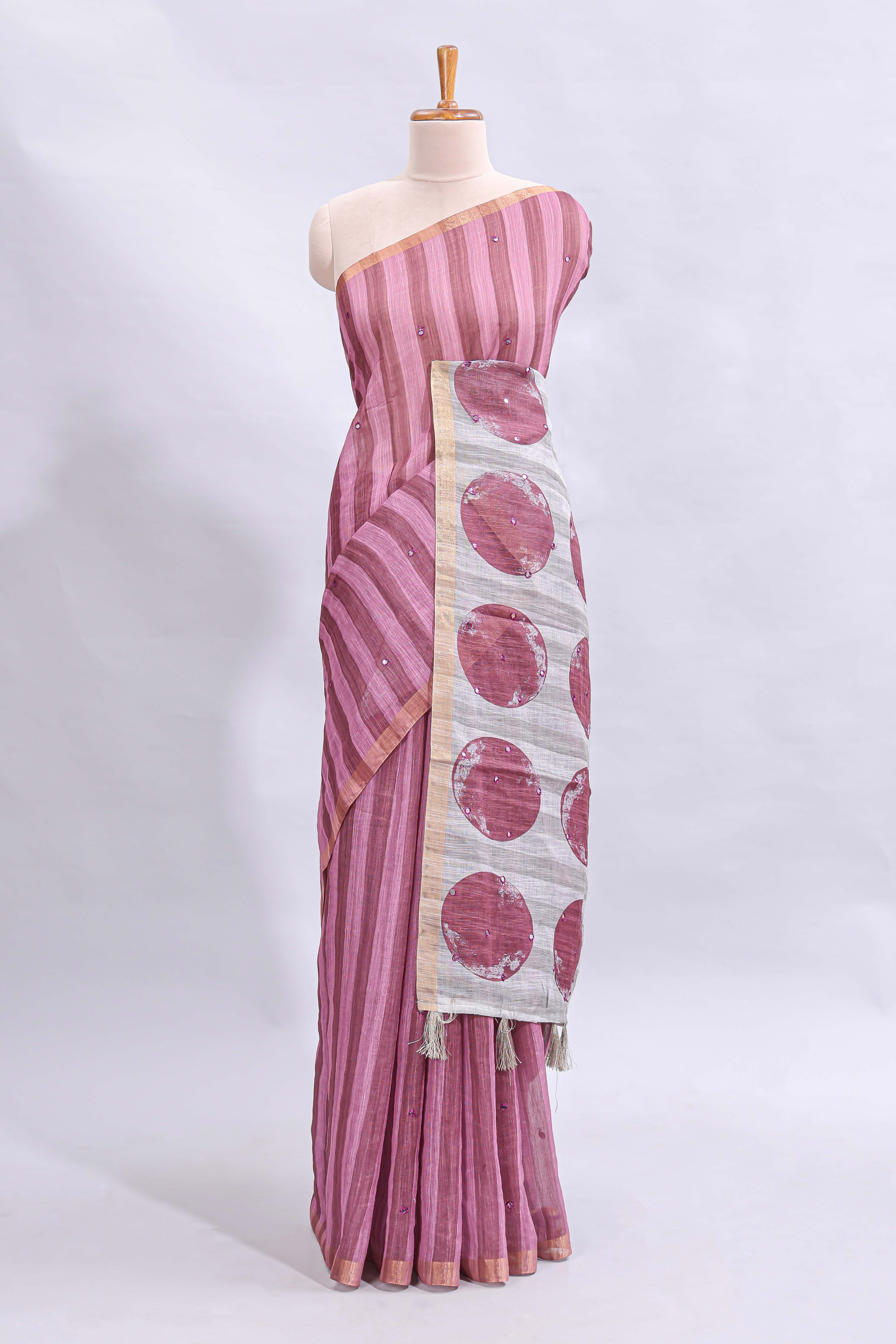 Dusty rose striped mirror embroidery work linen cotton saree with self zari border and contrast printed pallu