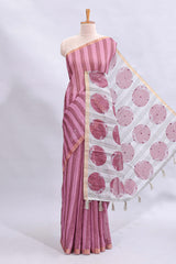 Dusty rose striped mirror embroidery work linen cotton saree with self zari border and contrast printed pallu