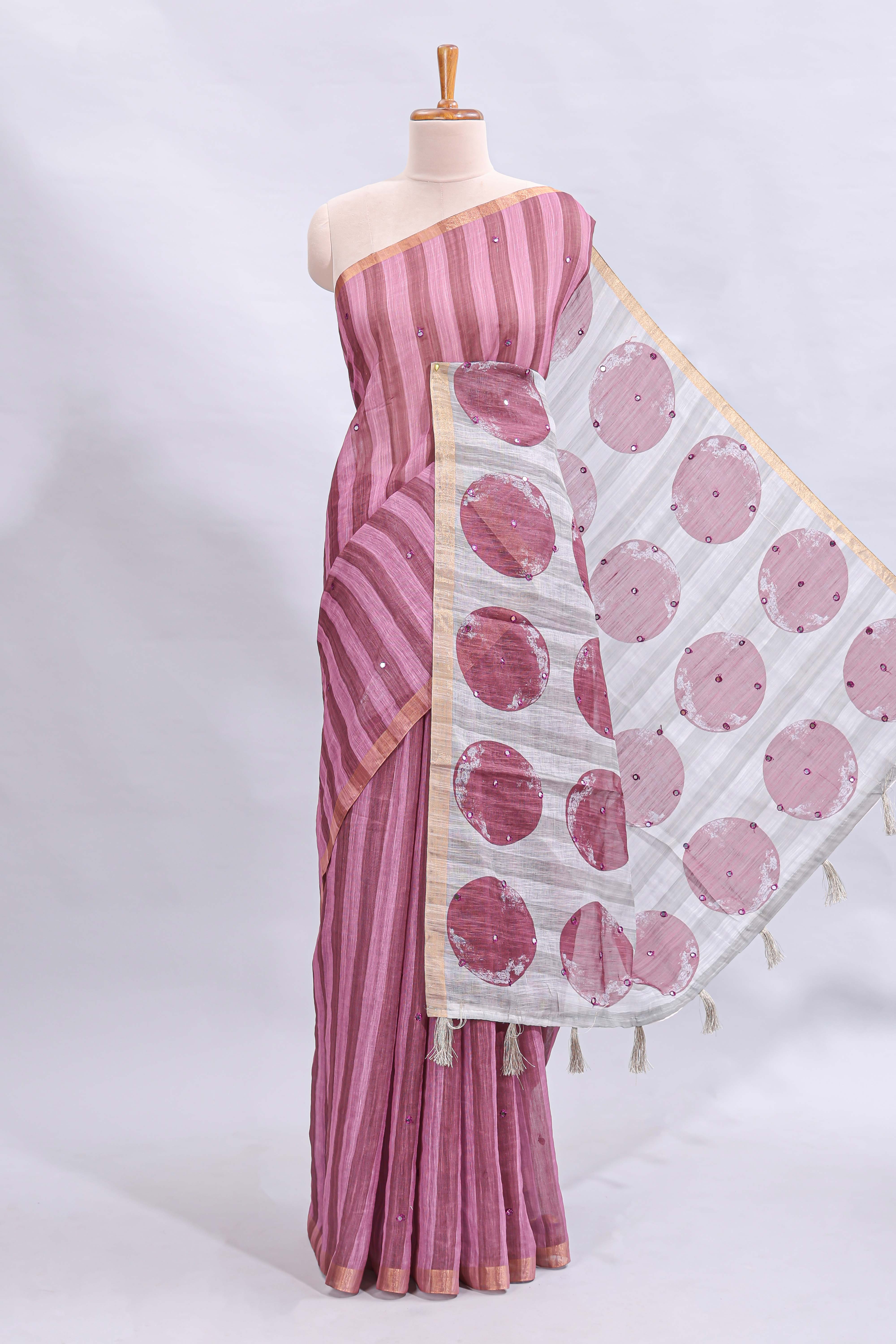 Dusty rose striped mirror embroidery work linen cotton saree with self zari border and contrast printed pallu