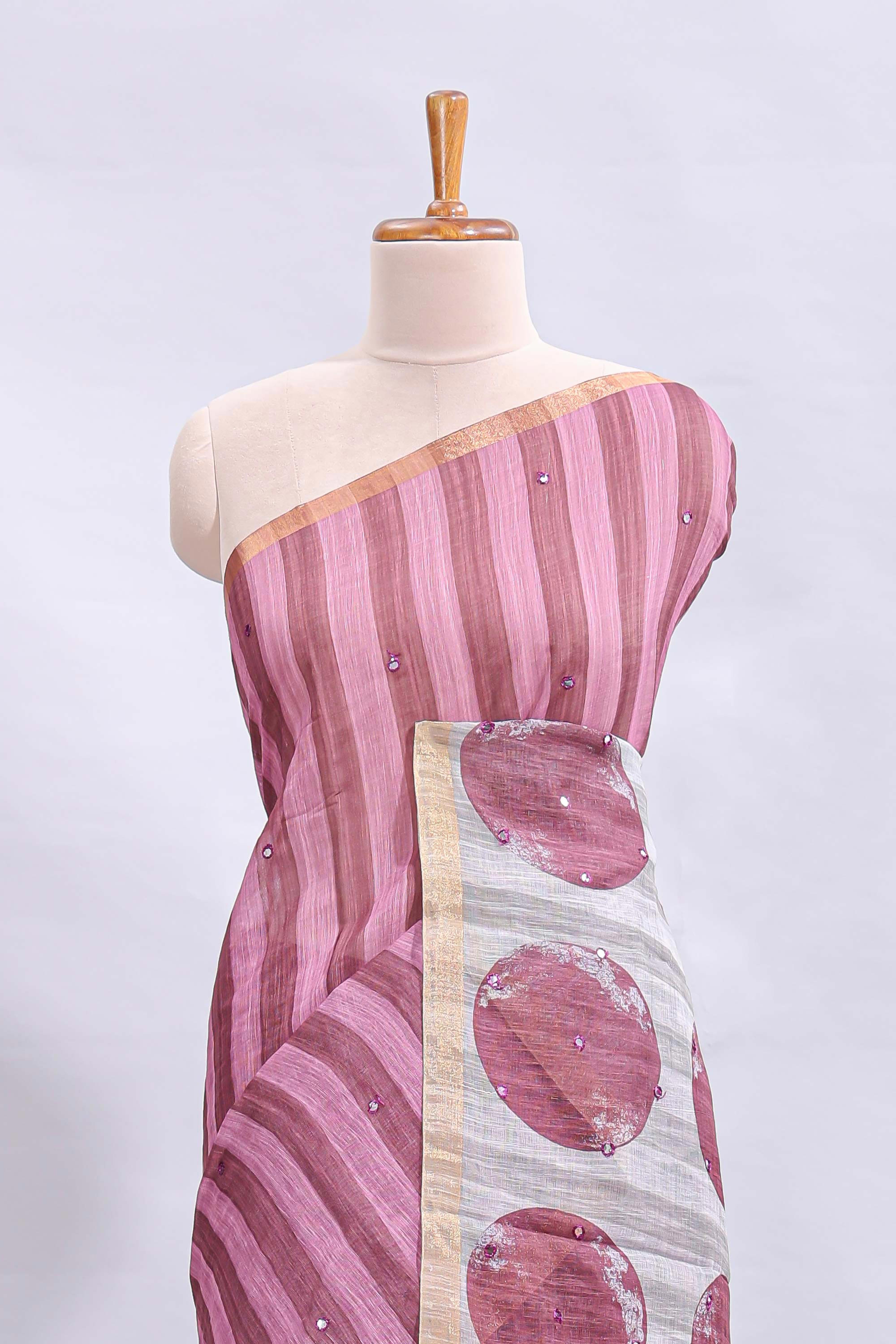 Dusty rose striped mirror embroidery work linen cotton saree with self zari border and contrast printed pallu