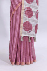 Dusty rose striped mirror embroidery work linen cotton saree with self zari border and contrast printed pallu