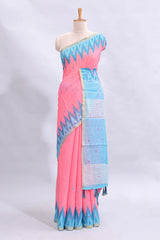 Pink mirror embroidery work linen cotton saree with contrast ikkat style border and striped blouse