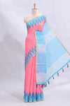 Pink mirror embroidery work linen cotton saree with contrast ikkat style border and striped blouse