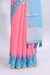 Pink mirror embroidery work linen cotton saree with contrast ikkat style border and striped blouse