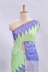 Green mirror embroidery work linen cotton saree with contrast ikkat style border and striped blouse