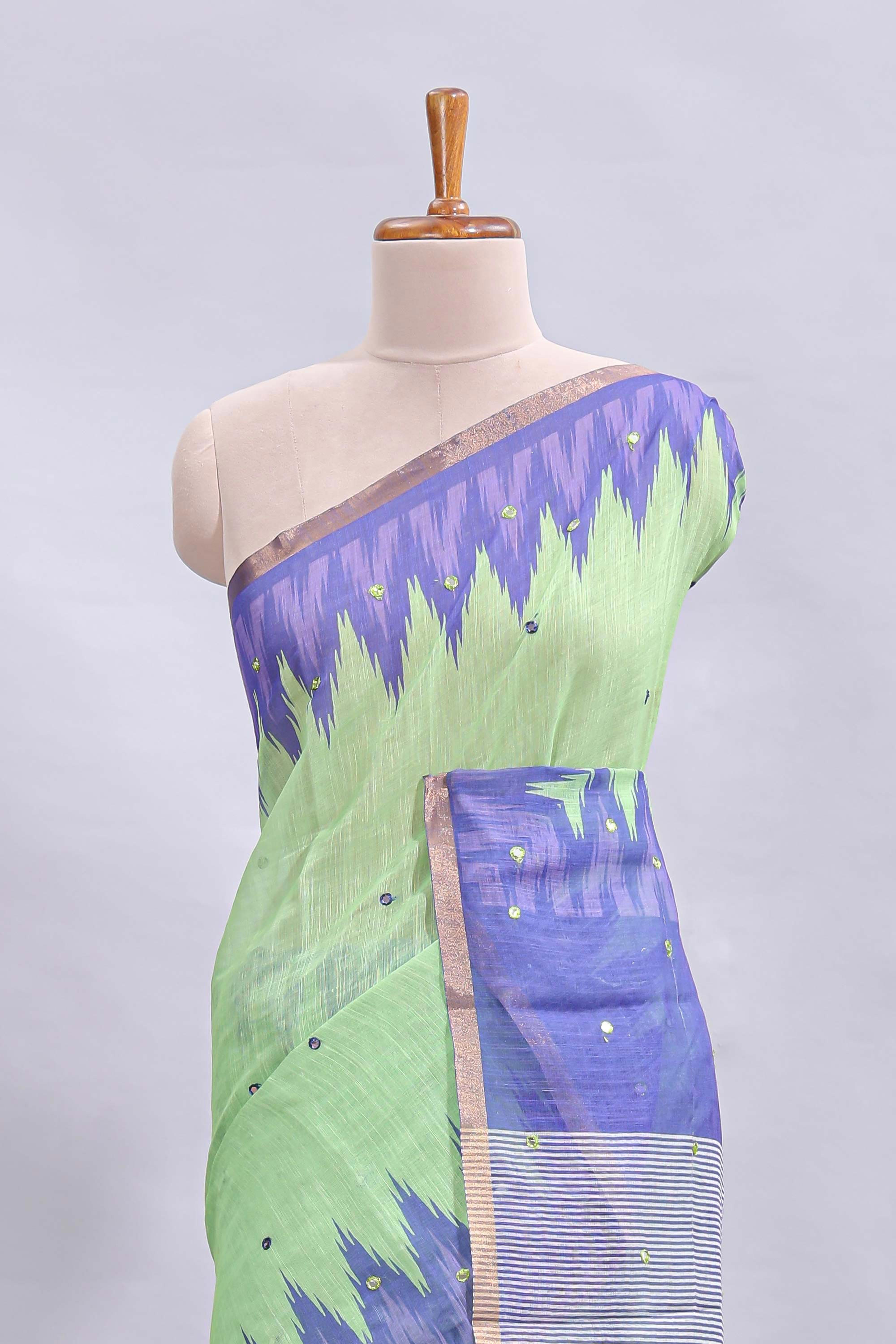 Green mirror embroidery work linen cotton saree with contrast ikkat style border and striped blouse