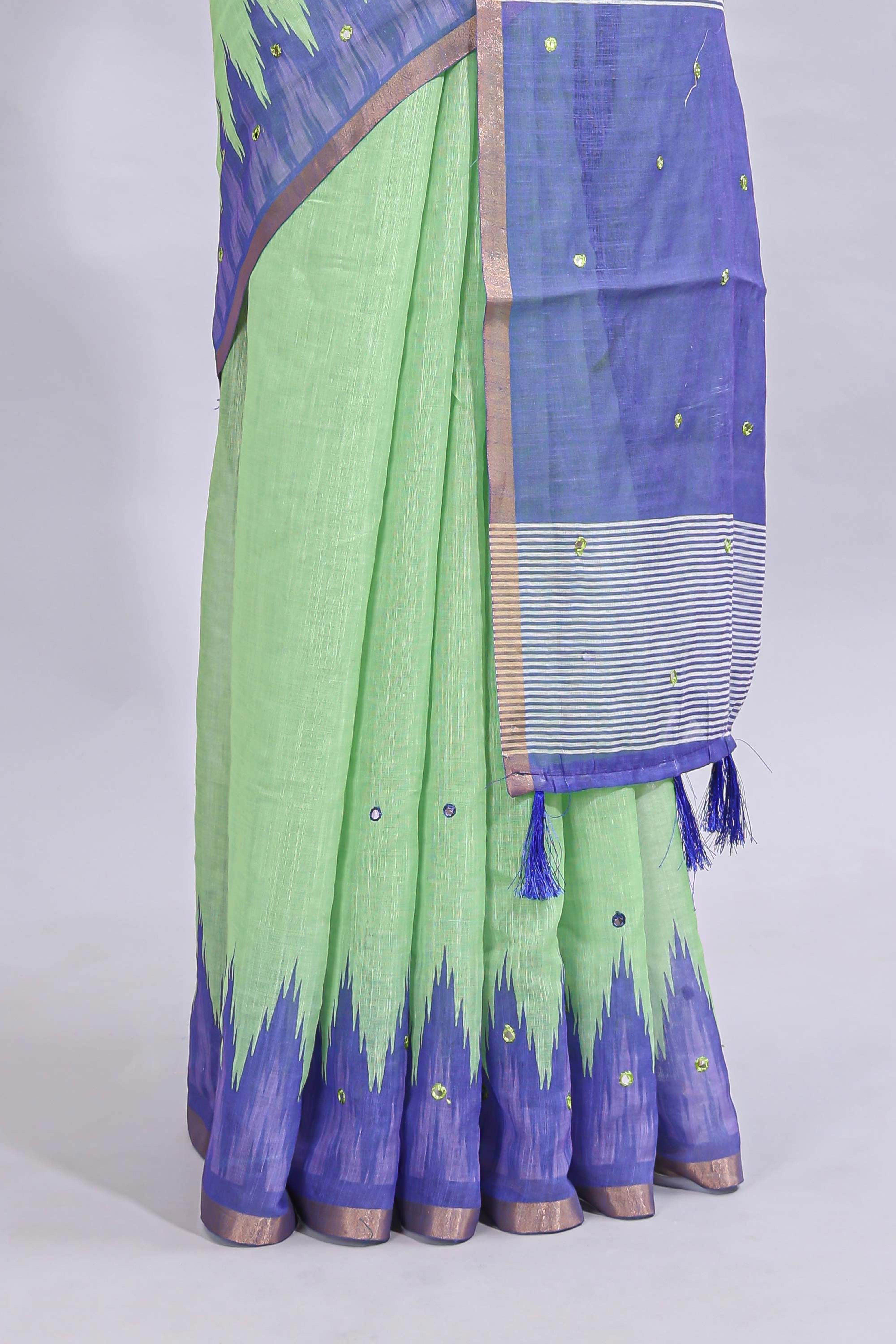 Green mirror embroidery work linen cotton saree with contrast ikkat style border and striped blouse