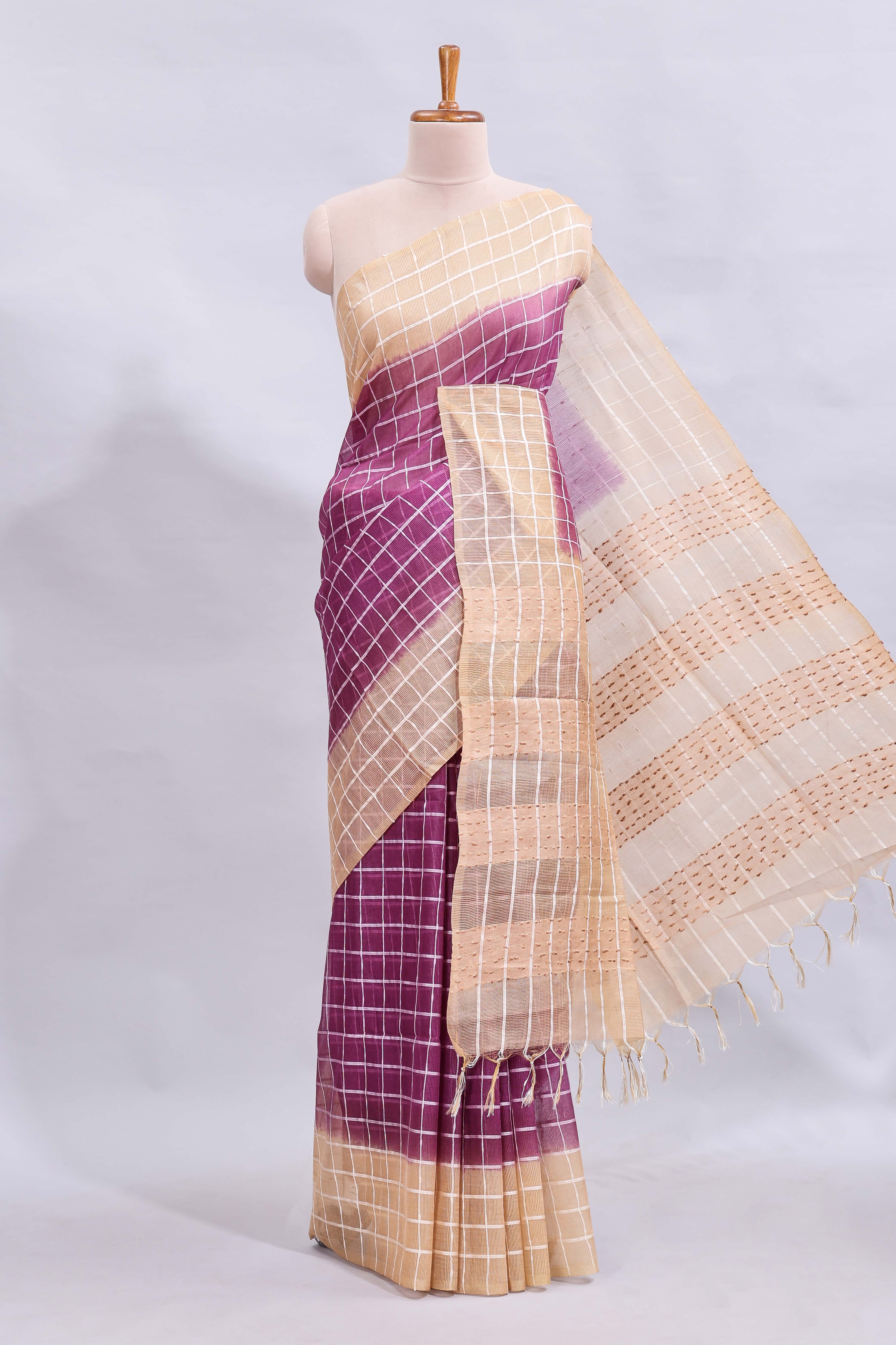 Magenta checked linen cotton saree with contrast border and striped blouse