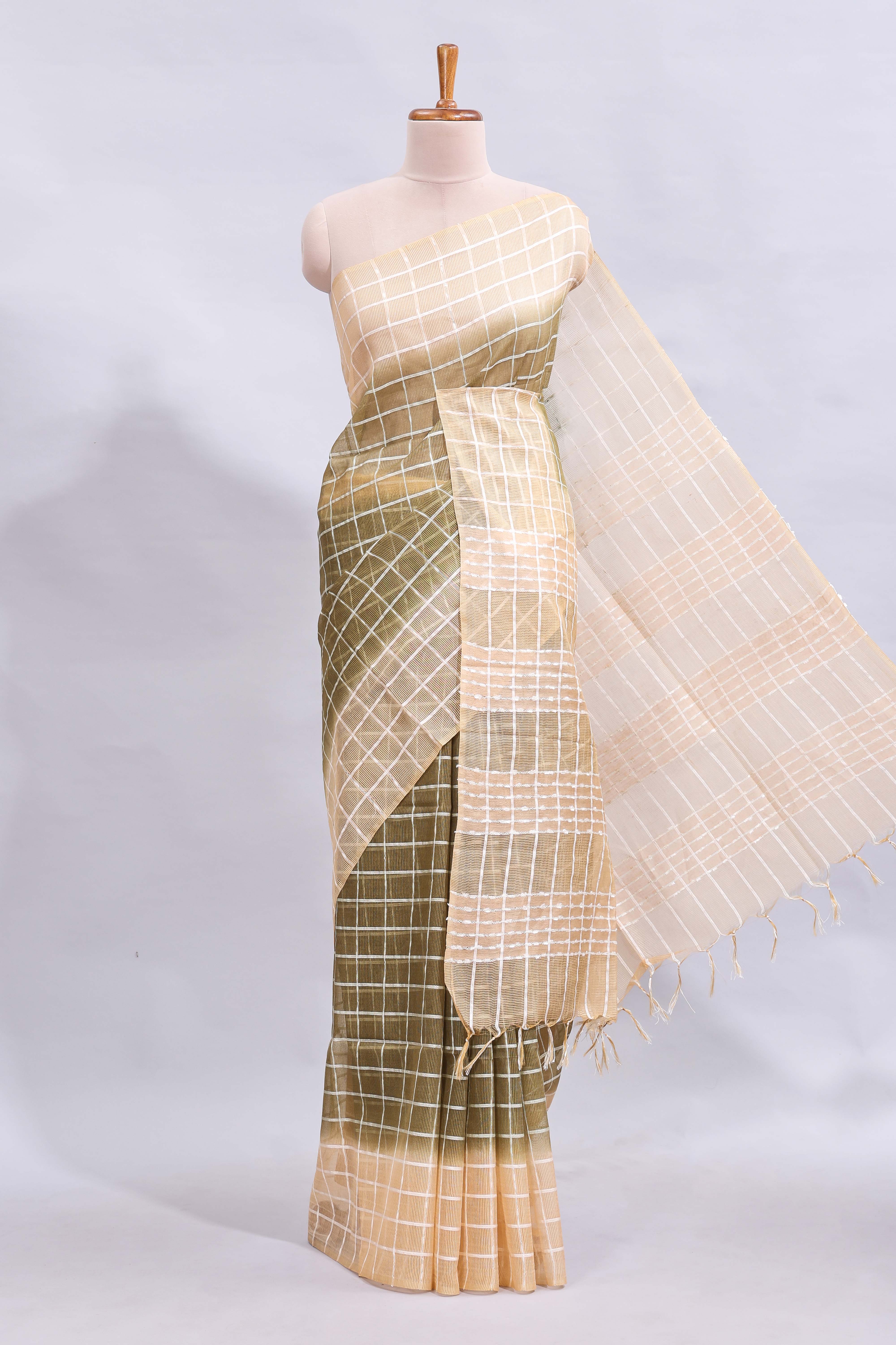 Green checked linen cotton saree with contrast border and striped blouse