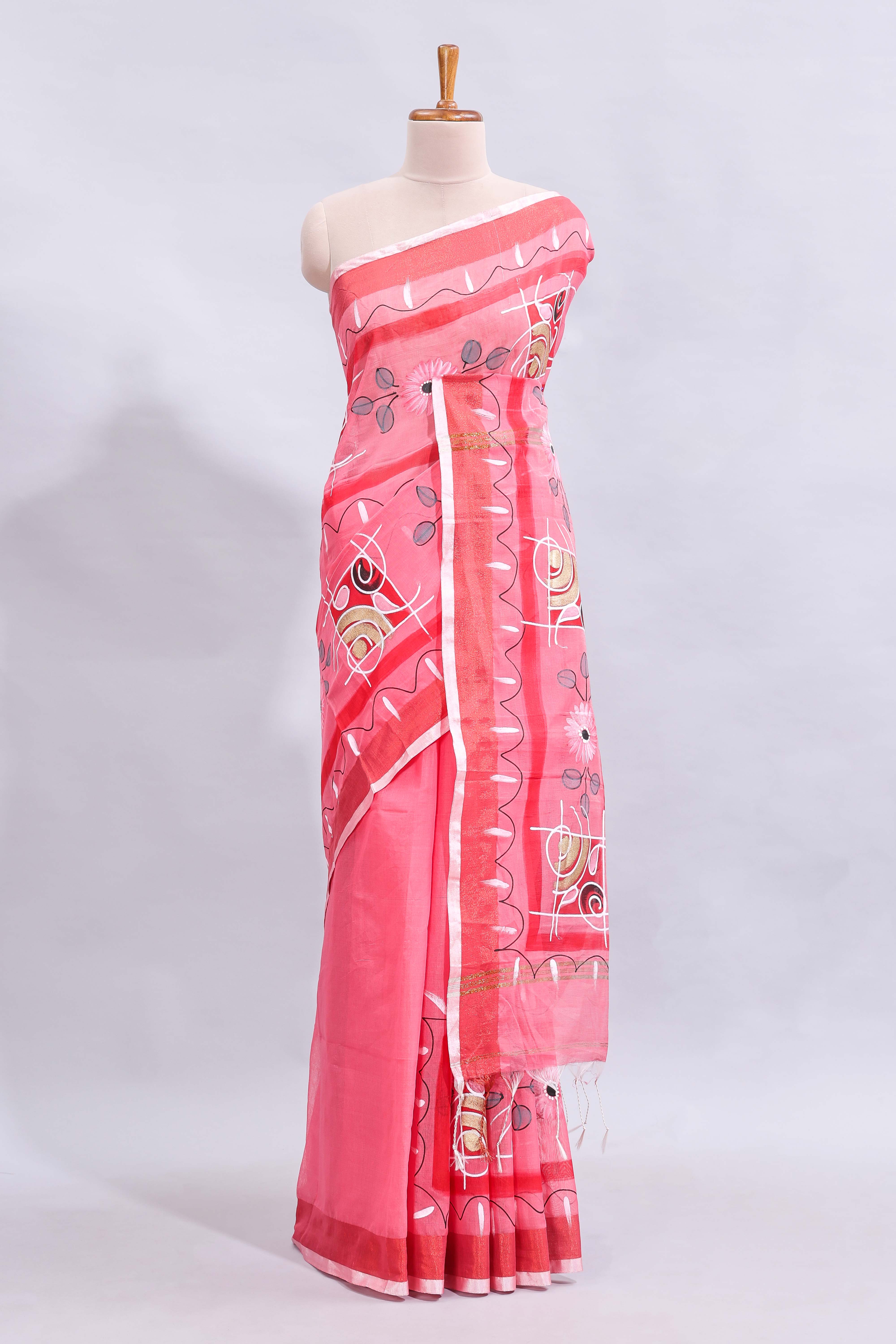 Pink floral design linen cotton saree with contrast border and matching blouse