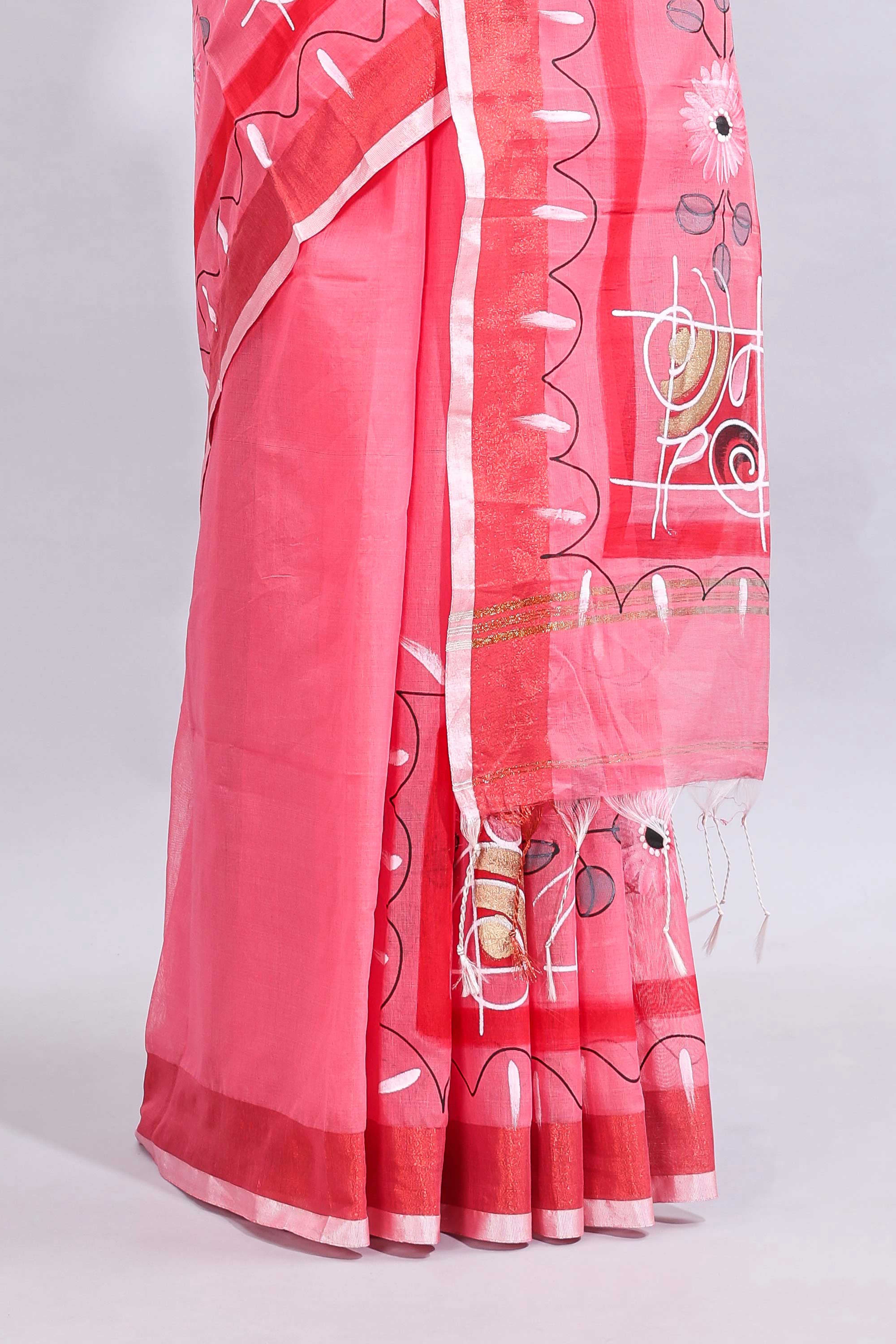 Pink floral design linen cotton saree with contrast border and matching blouse