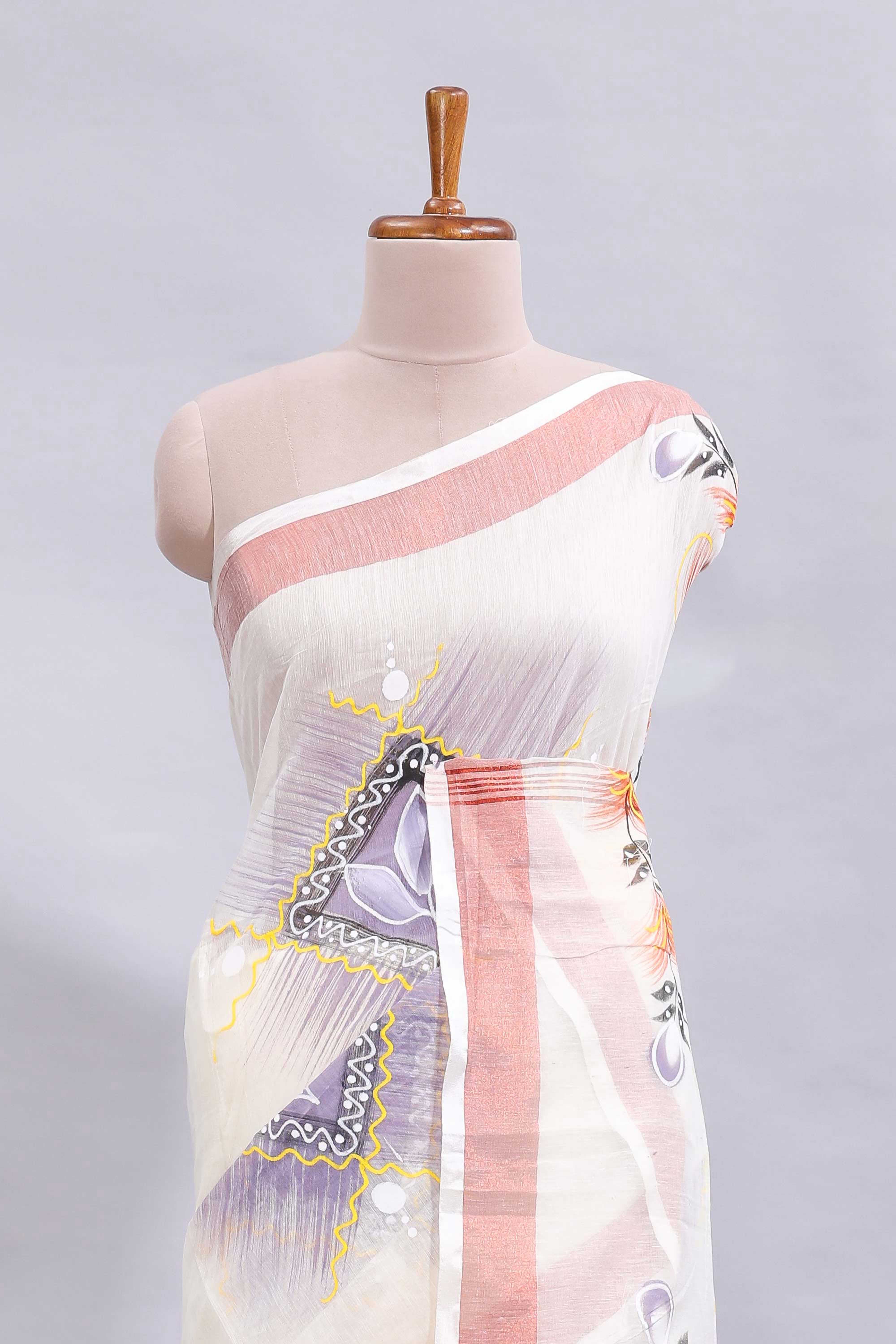 White floral design linen cotton saree with contrast border and matching blouse