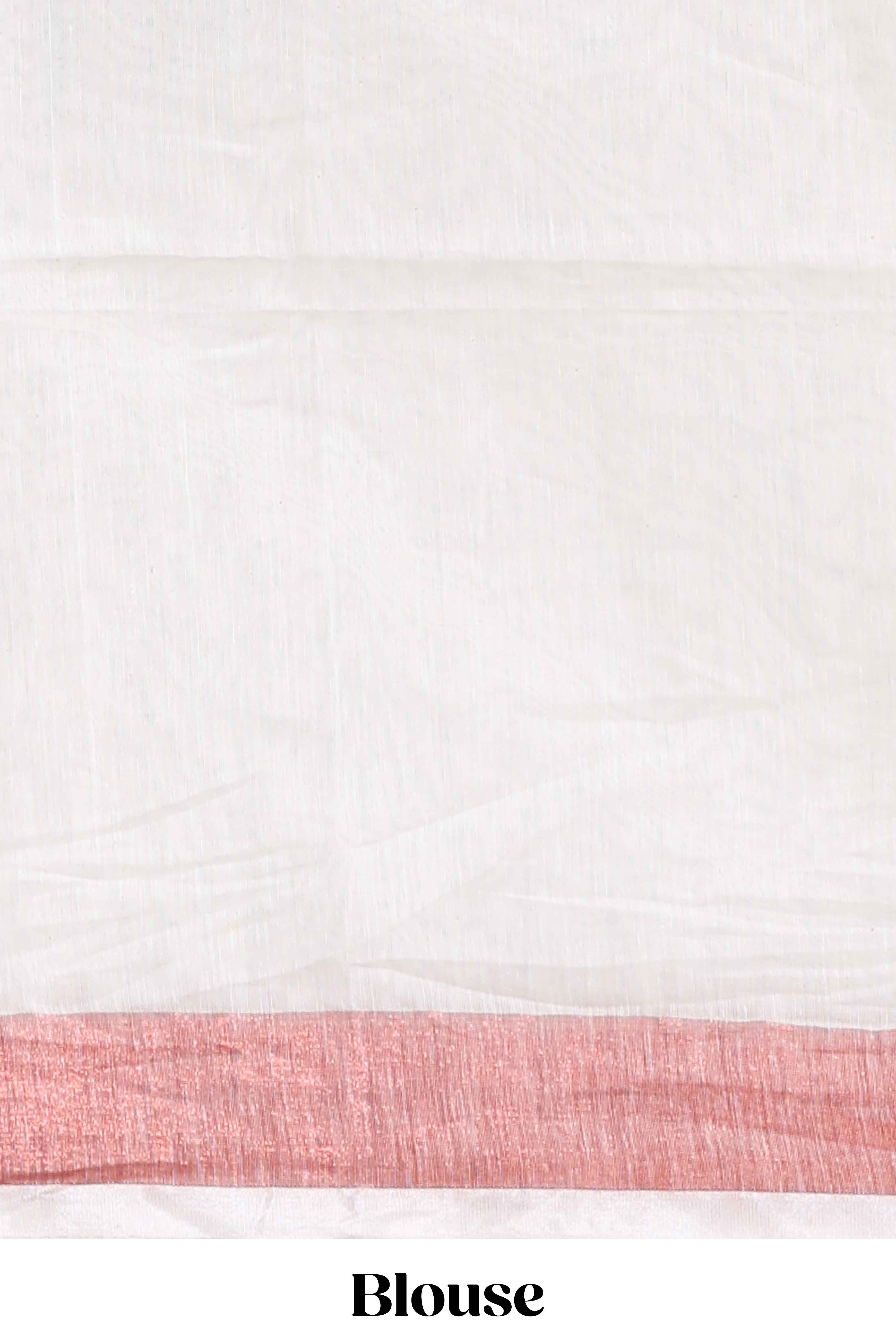 White floral design linen cotton saree with contrast border and matching blouse