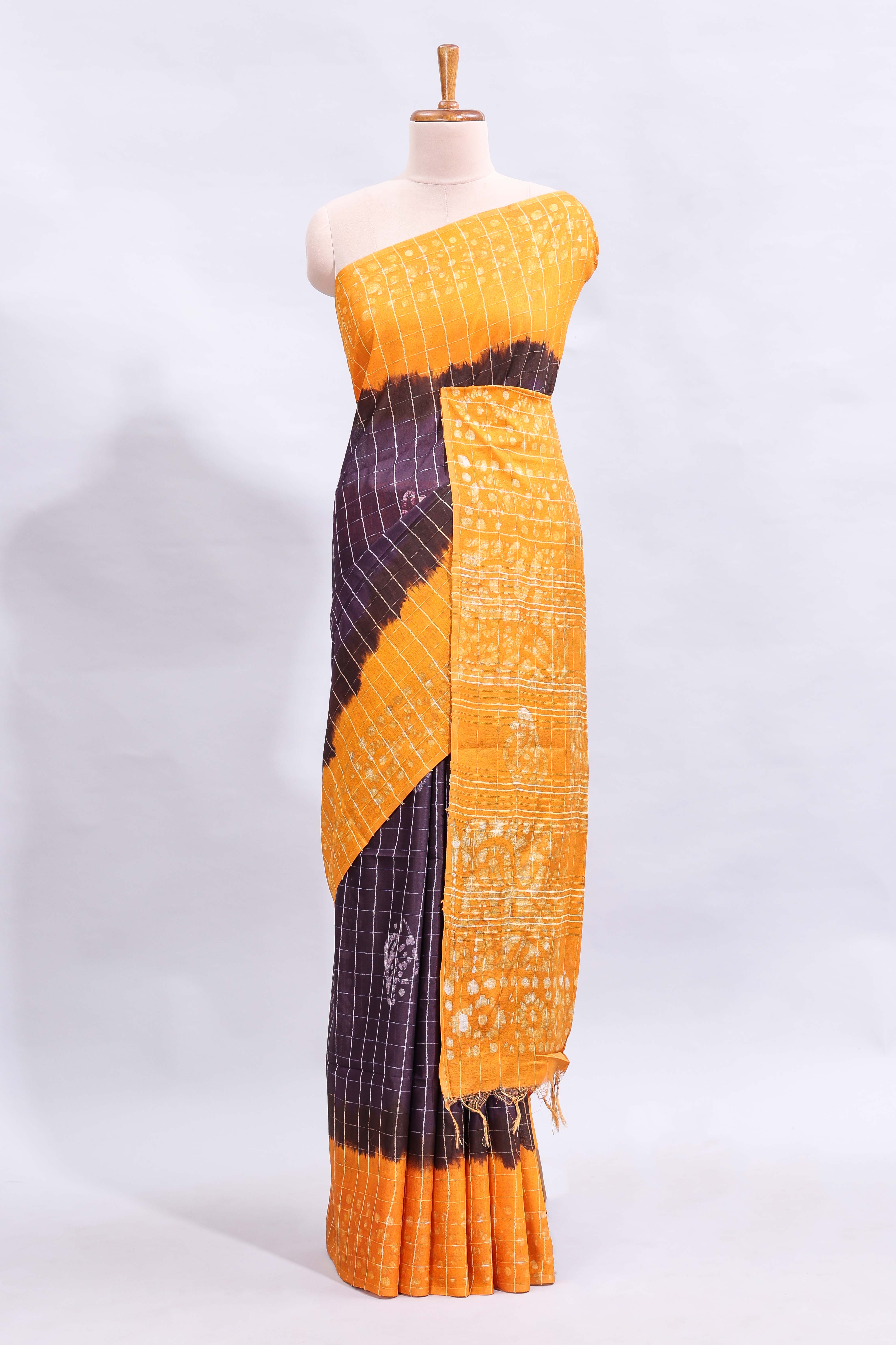 Purple checked shibori motifs design linen cotton saree with contrast border and checked blouse