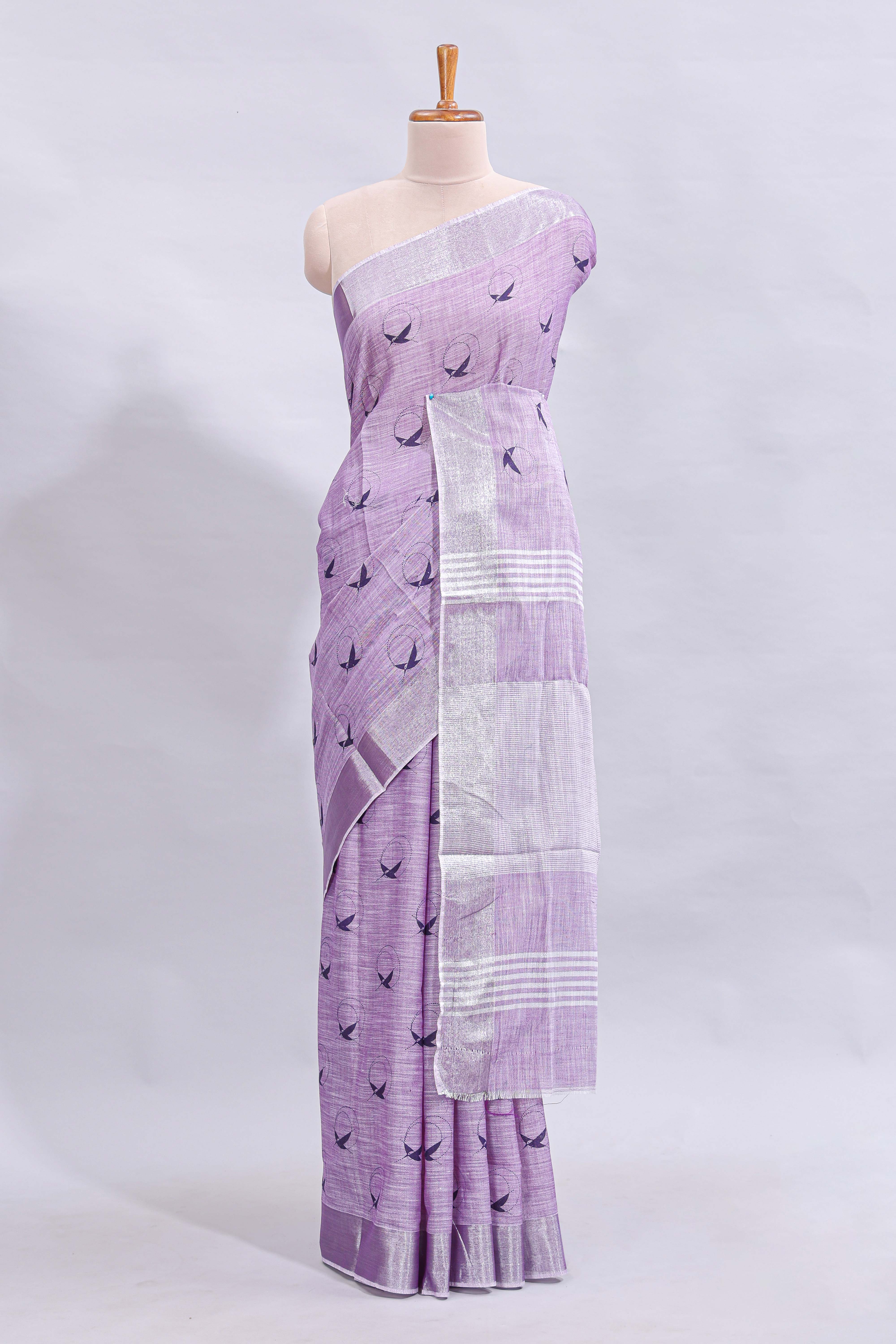 Lavender unique motifs design linen cotton saree with self border and striped blouse