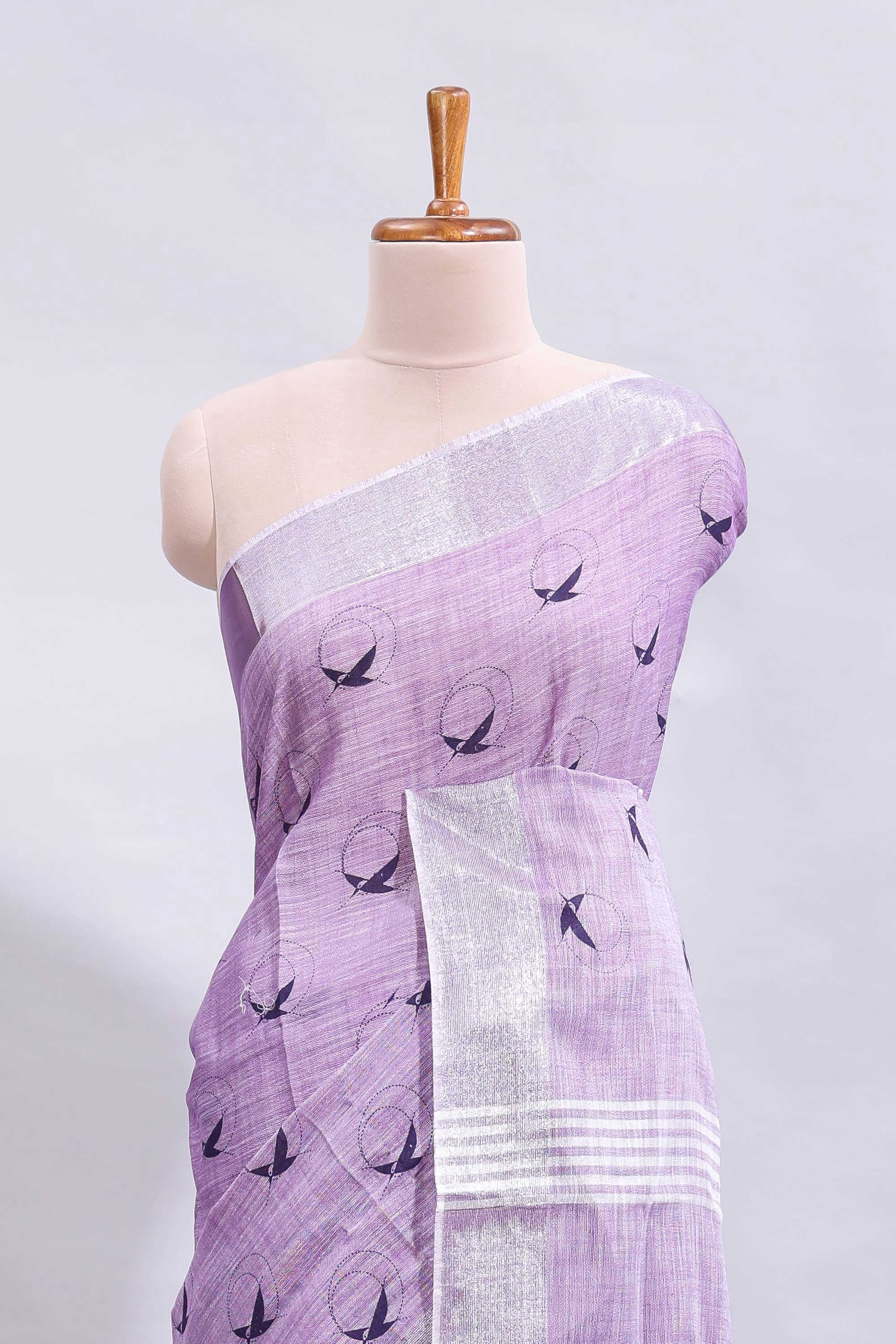 Lavender unique motifs design linen cotton saree with self border and striped blouse