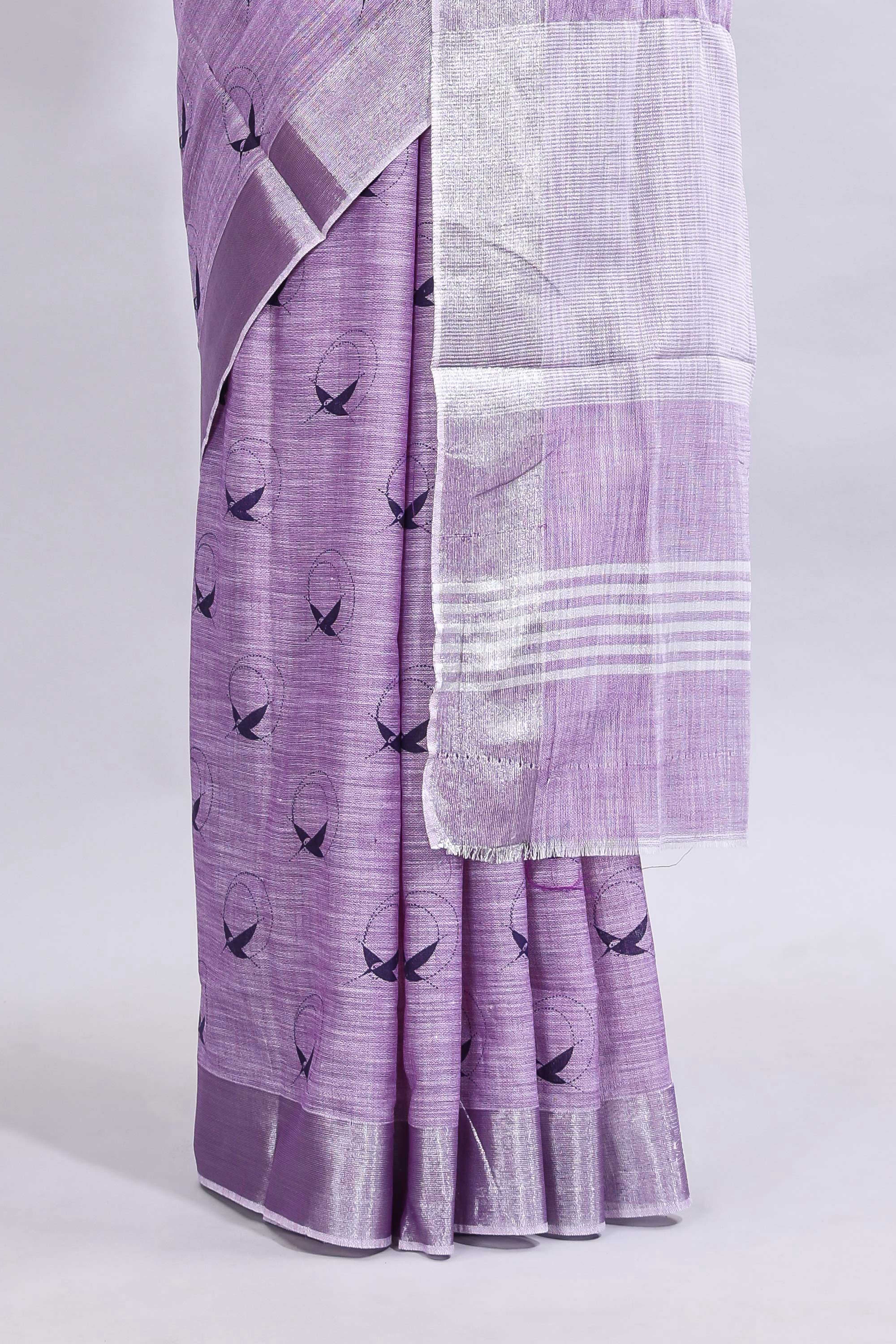 Lavender unique motifs design linen cotton saree with self border and striped blouse