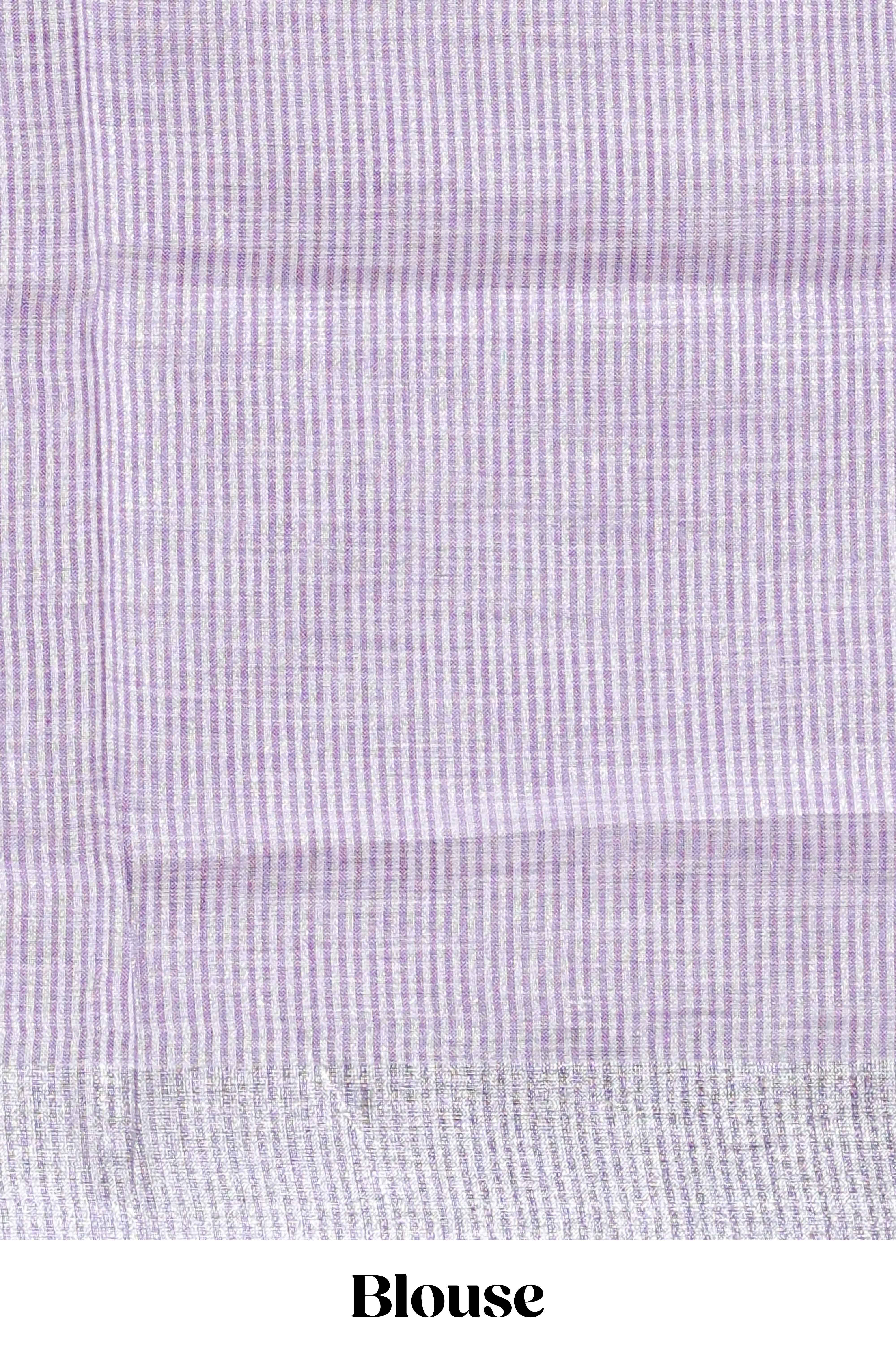 Lavender unique motifs design linen cotton saree with self border and striped blouse