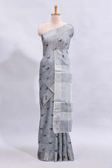 Grey unique motifs design linen cotton saree with self border and striped blouse