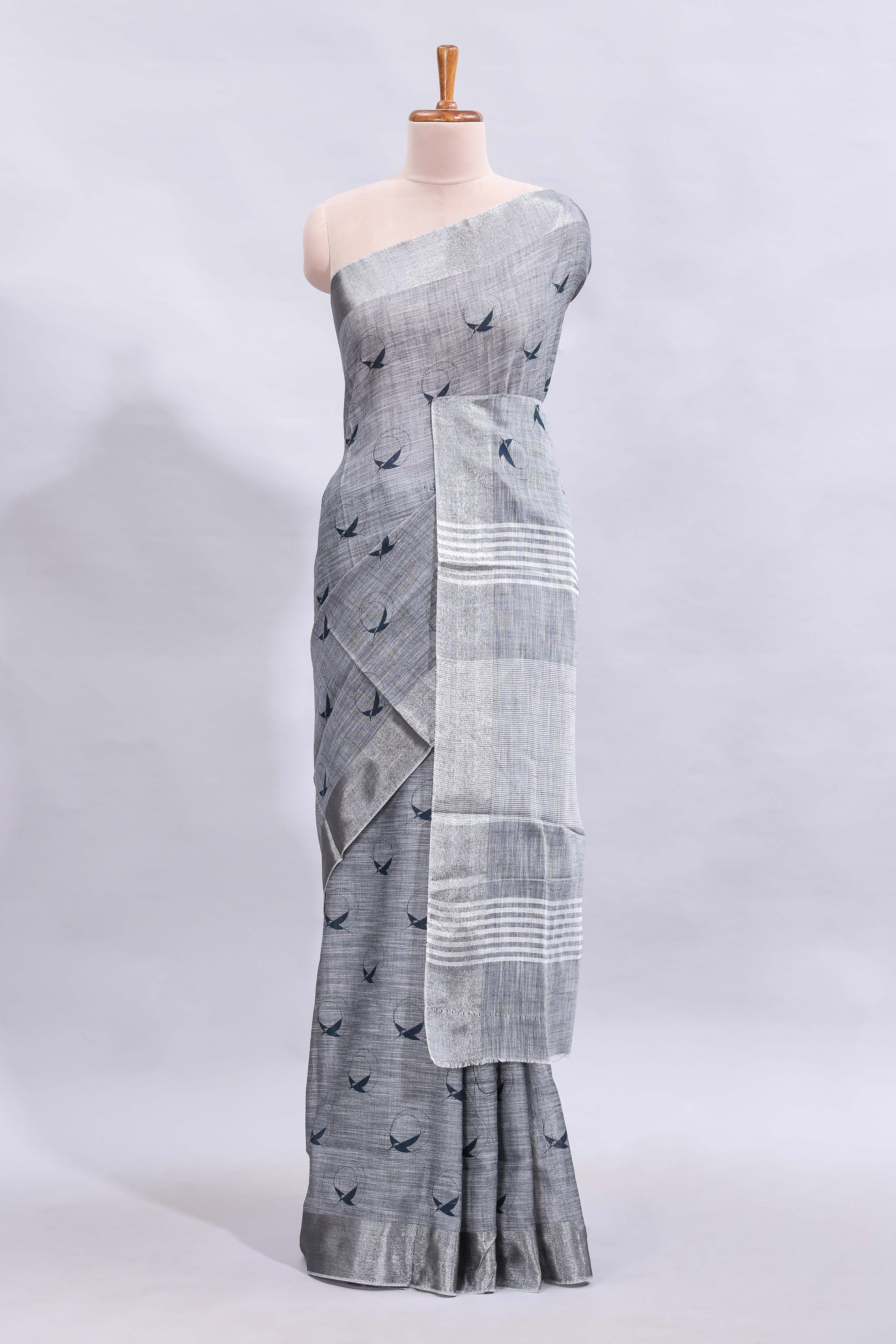 Grey unique motifs design linen cotton saree with self border and striped blouse