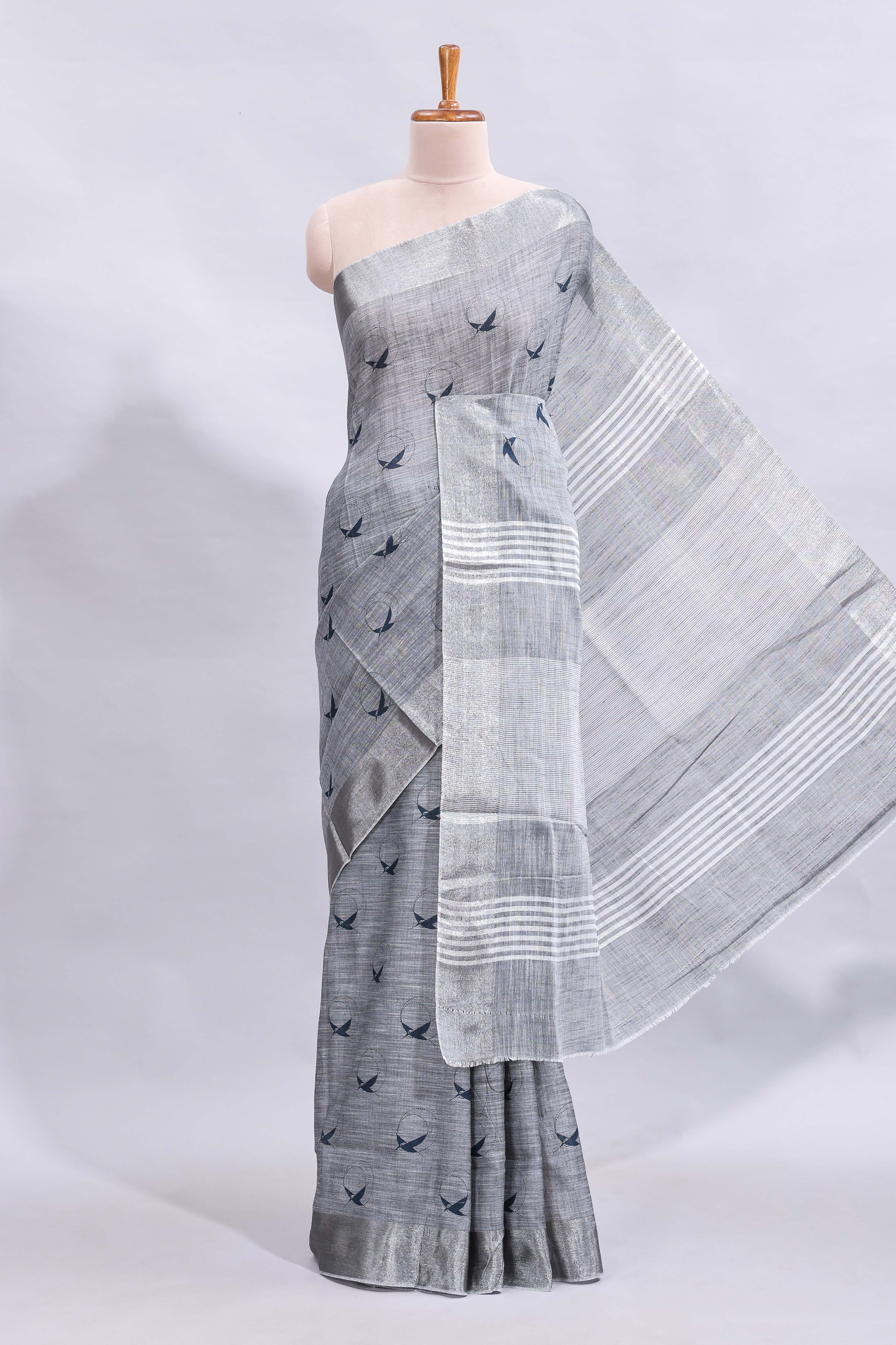 Grey unique motifs design linen cotton saree with self border and striped blouse