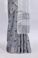 Grey unique motifs design linen cotton saree with self border and striped blouse