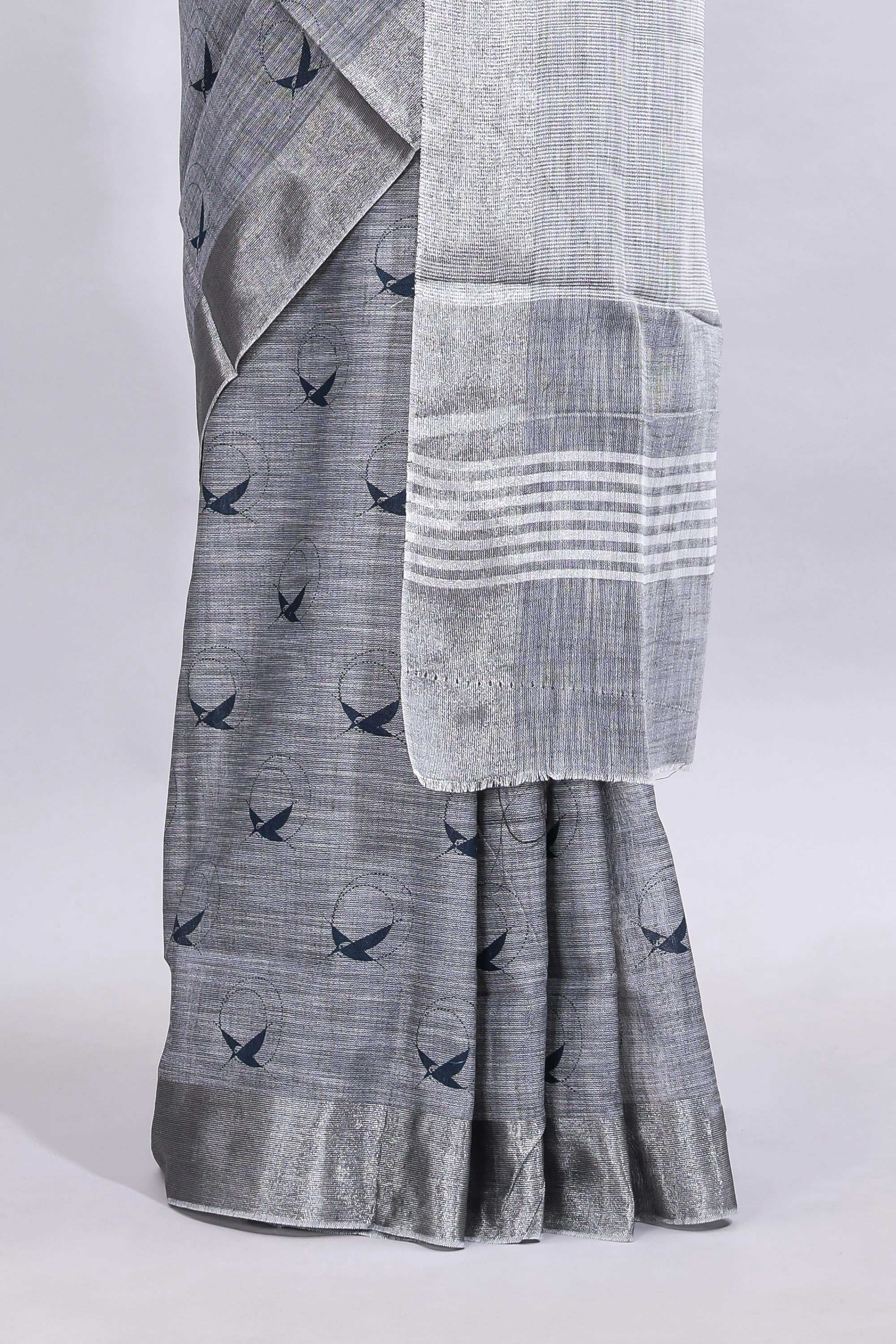 Grey unique motifs design linen cotton saree with self border and striped blouse