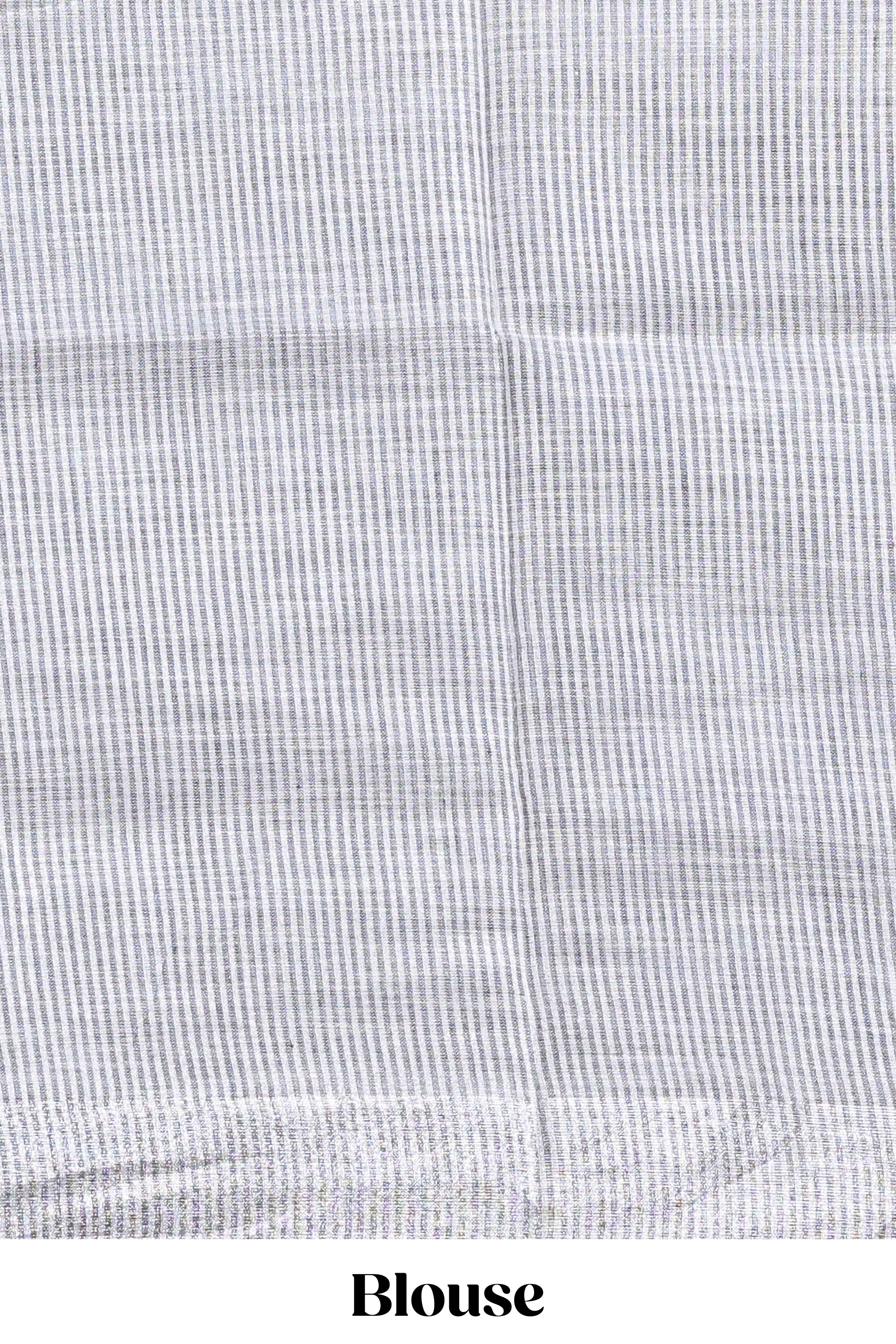 Grey unique motifs design linen cotton saree with self border and striped blouse