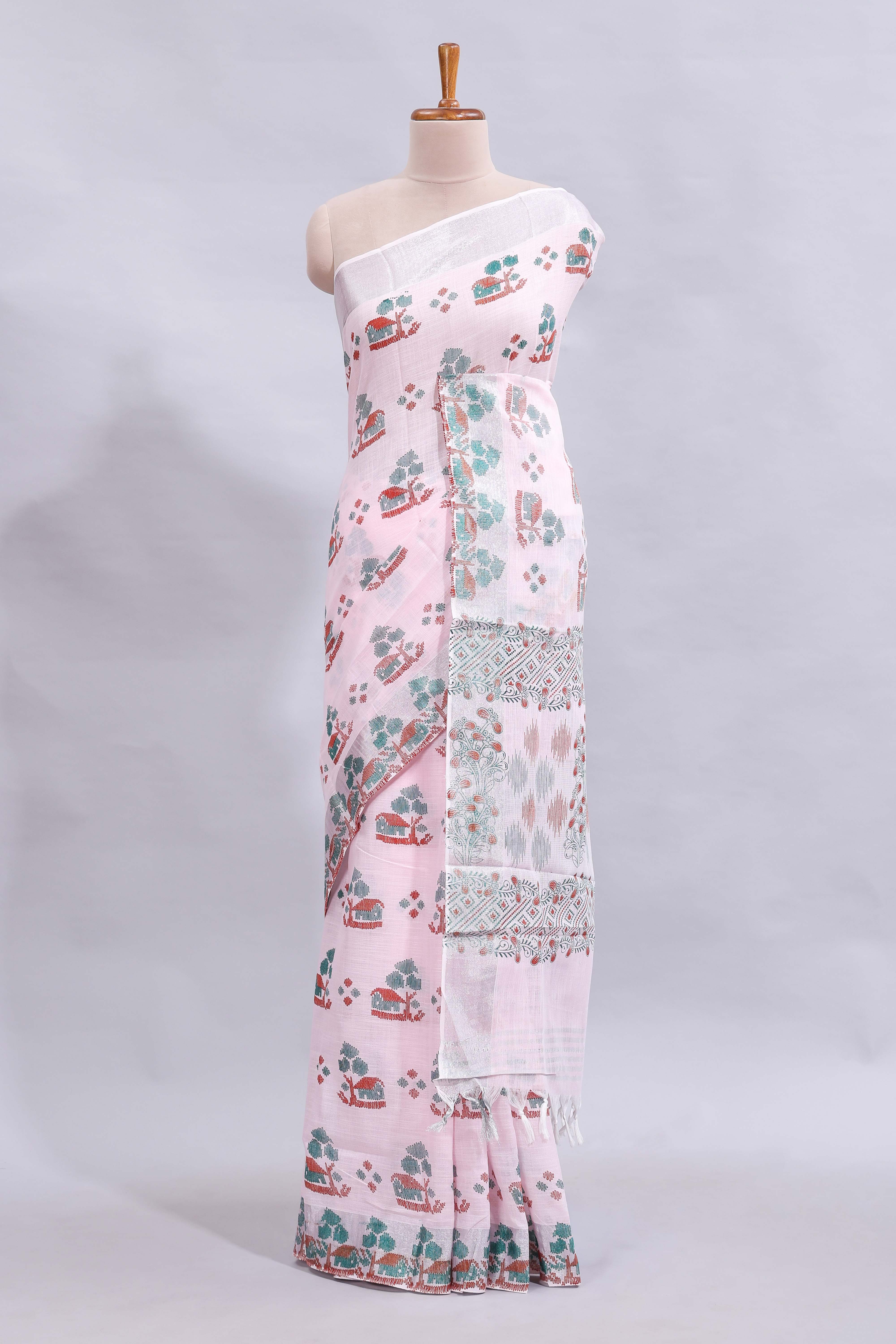 Light pink traditional home theme design linen cotton saree with contrast border and matching blouse