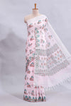Light pink traditional home theme design linen cotton saree with contrast border and matching blouse