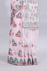 Light pink traditional home theme design linen cotton saree with contrast border and matching blouse