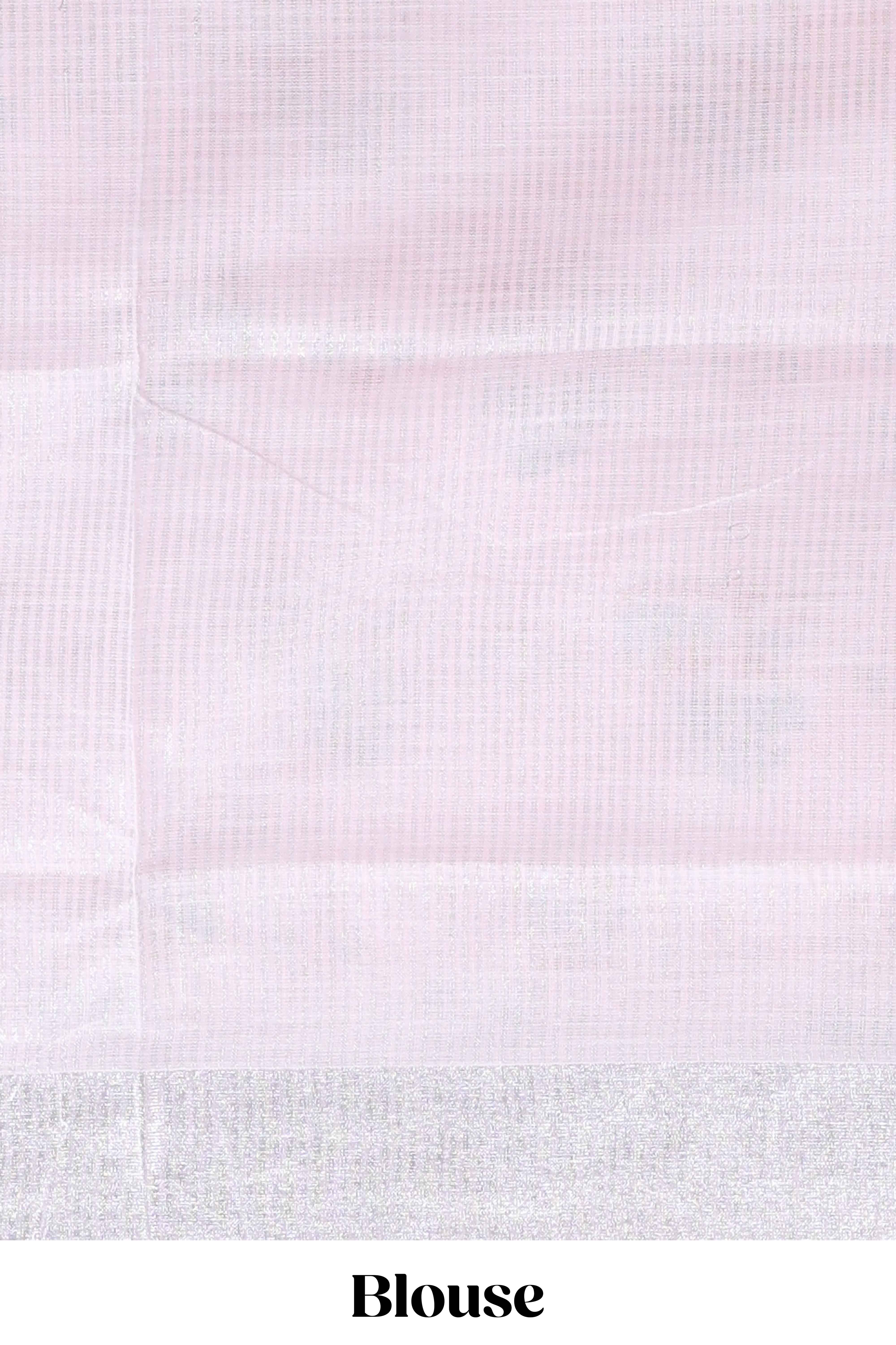 Light pink traditional home theme design linen cotton saree with contrast border and matching blouse