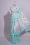Light Blue unique motifs design linen cotton saree with self border and matching plain blouse