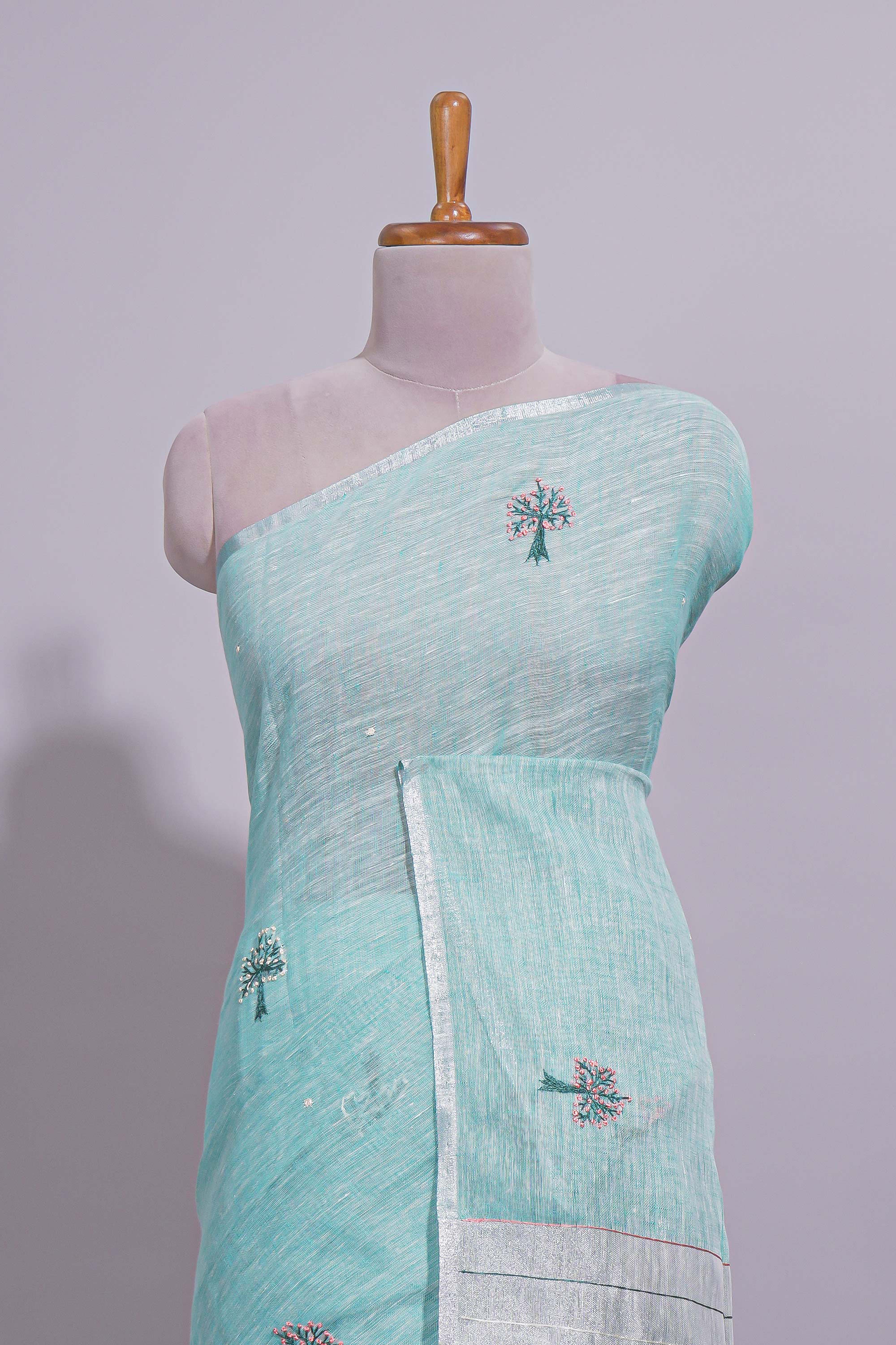 Dark Green and Grey Striped Linen Cotton Saree with Self Border and Matching Plain Blouse