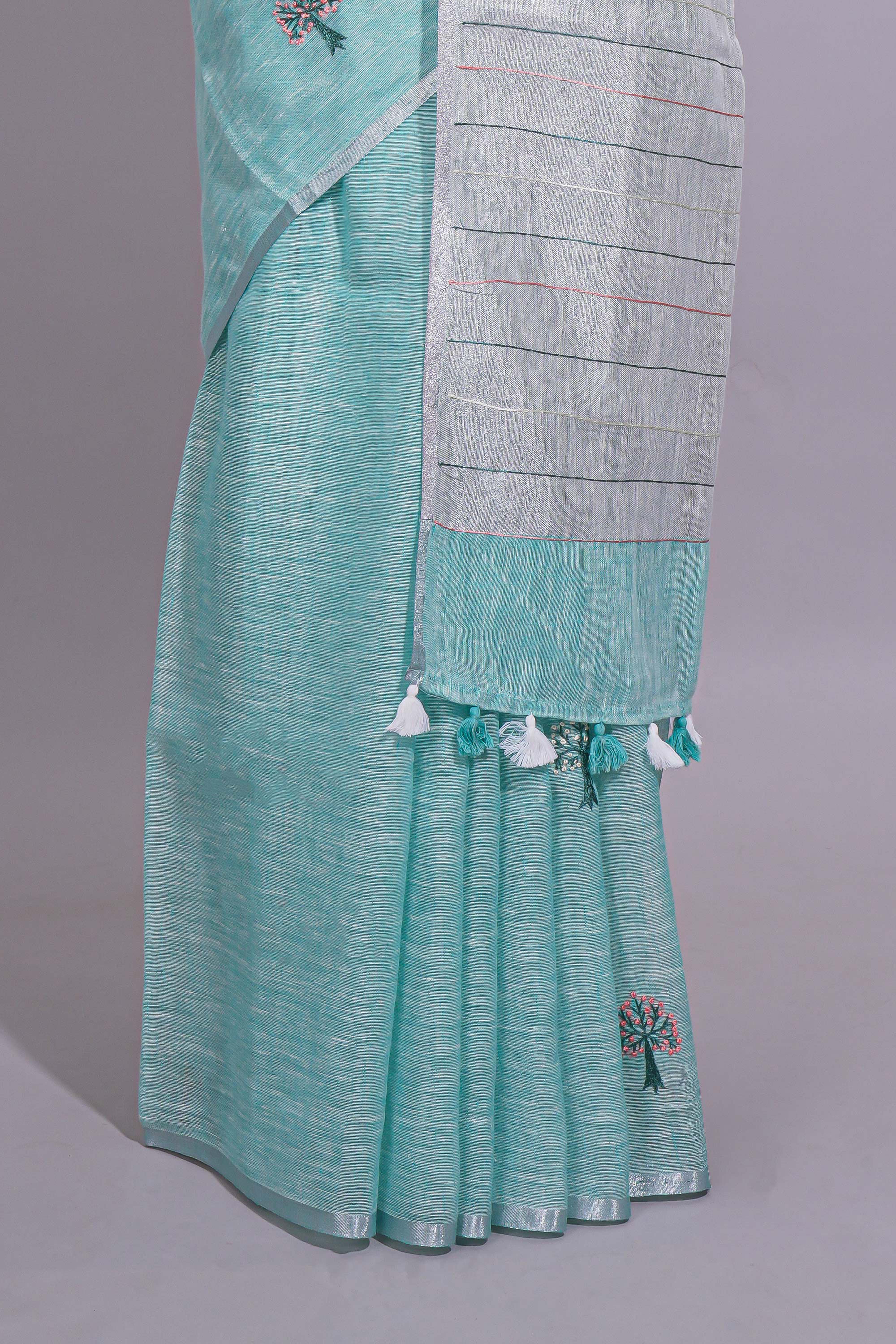 Light Blue unique motifs design linen cotton saree with self border and matching plain blouse